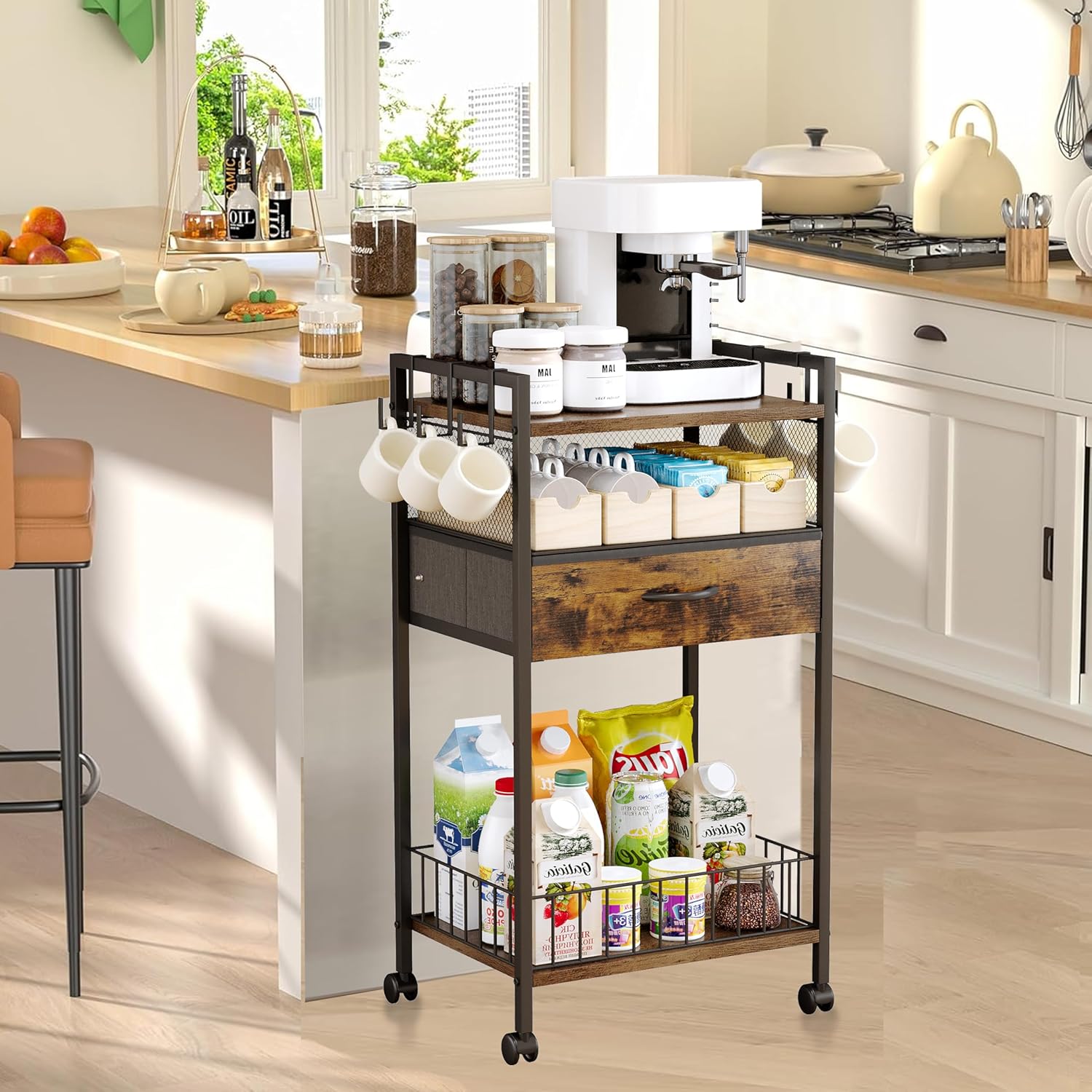 Small Coffee Bar Cart with Drawer Srorage, Office Coffee Bar Station Organizer Mug Cup Holder Stand, K Cup Holder Rack for Home Buffets & Sideboards for Kichen, Entryway, Living Room (Black) - Image 4