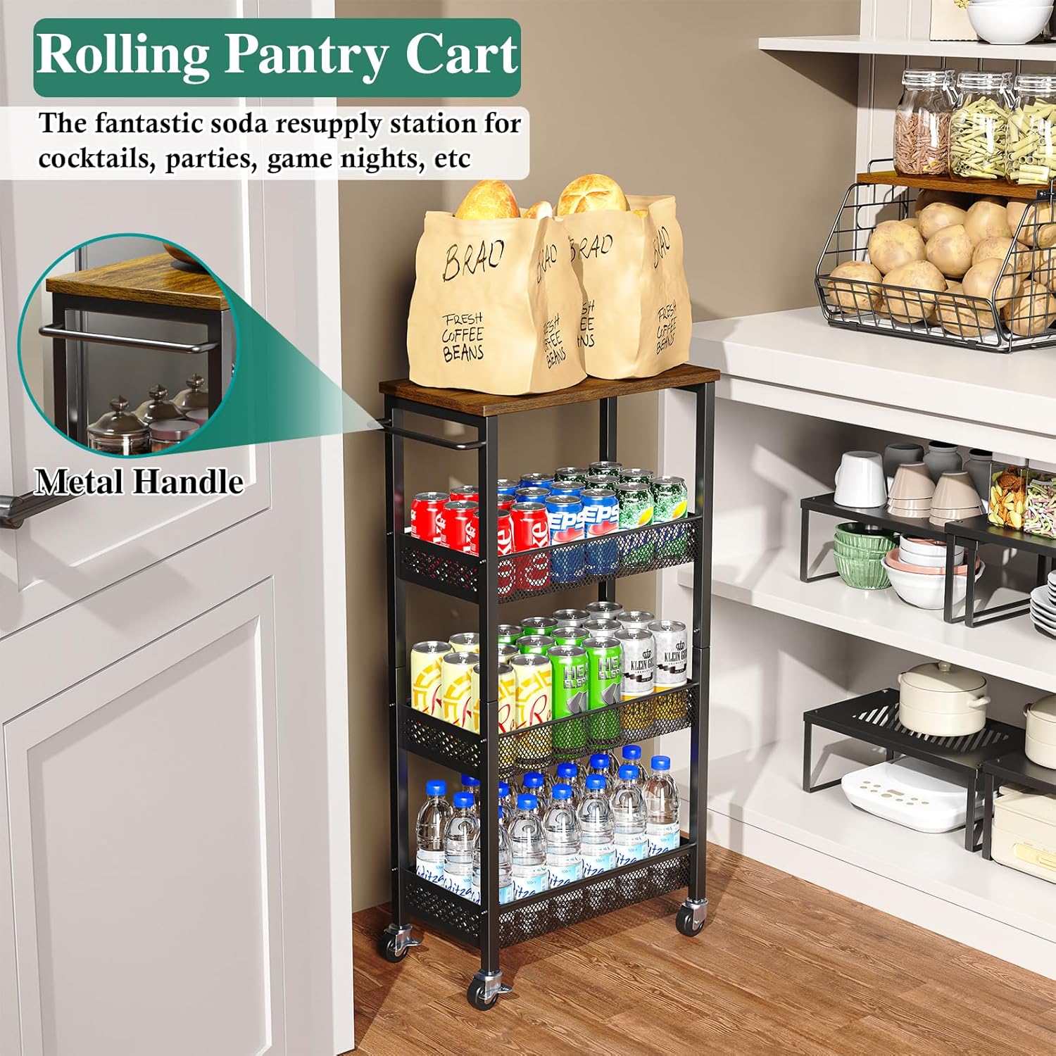 Utility Slim Storage Cart, 4-Tier Narrow Bathroom Organizer and Storage Cart, Metal Narrow Kitchen Laundry Room Organization Rack with Wood Top, Slim Rolling Shelf with Wheels for Small Space - Image 7