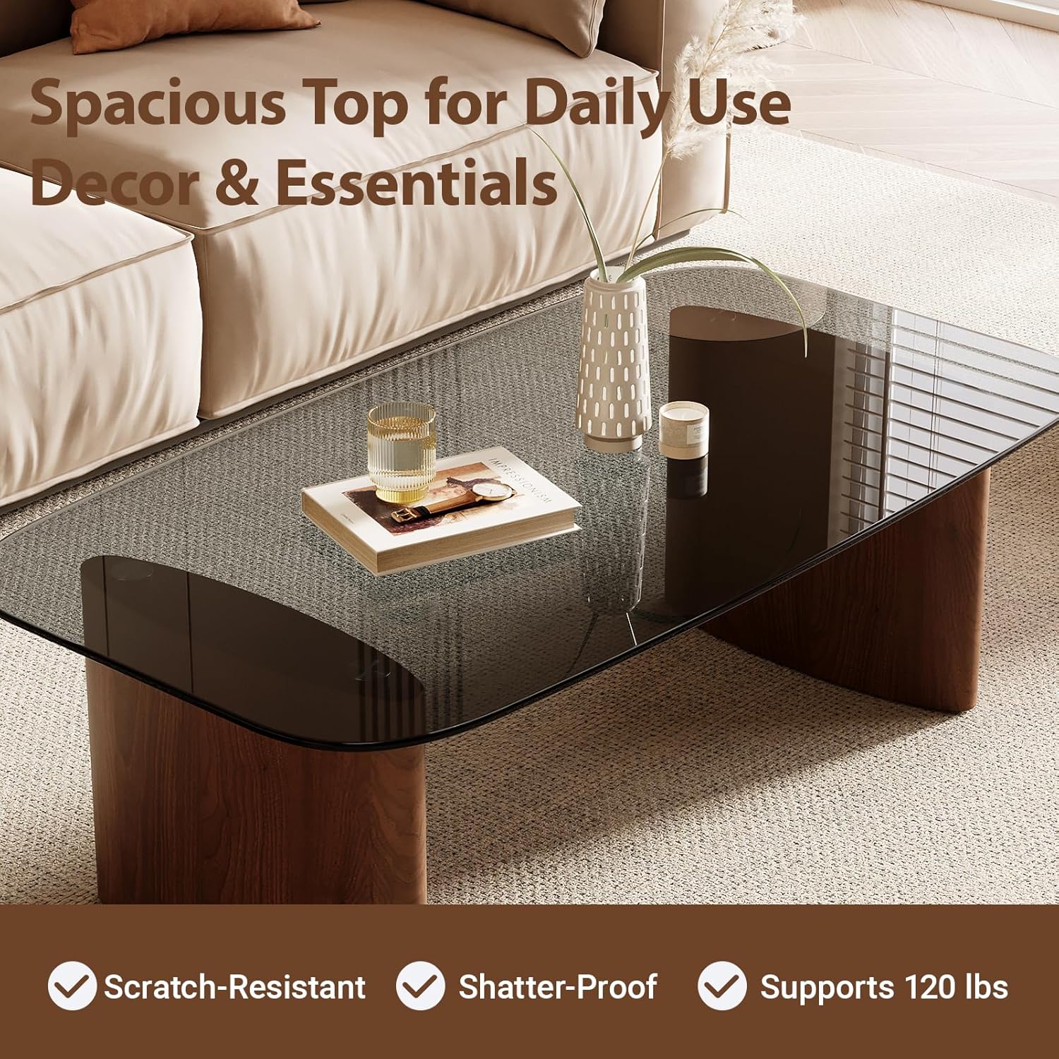 Modern Glass Coffee Table, Coffee Table for Living Room,Tempered Glass-top with Sturdy Wooden Base, Modern Coffee Tables for Small Space, Apartment, Office, Minimalist Design (Walnut) - Image 5