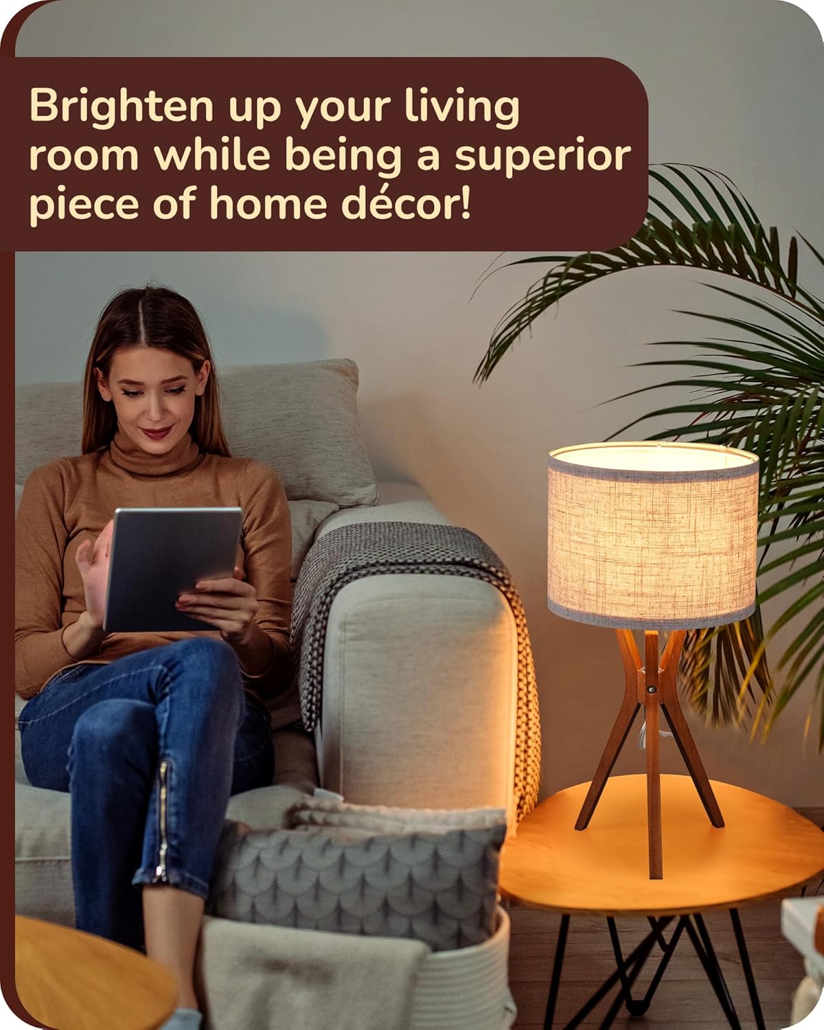 EDISHINE Mid Century Table Lamp, 17.5" Tripod Bedside Lamp with Deep Wood Color Light Base & Beige Linen Lampshade, Nightstand Lamp for Bedroom, Living Room, Reading Room, E26 Base - Image 6