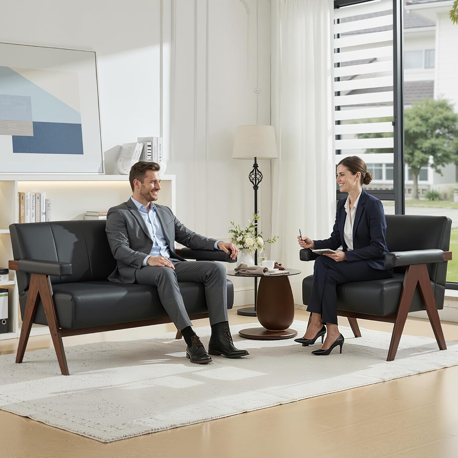 STHOUYN 50" Black Leather Sofa, Small Comfy Office Loveseat Couch with Back, Mid Century Modern Wooden Love Seat Bench Waiting Room Furniture Couches for Living Room, Bedroom - Image 3