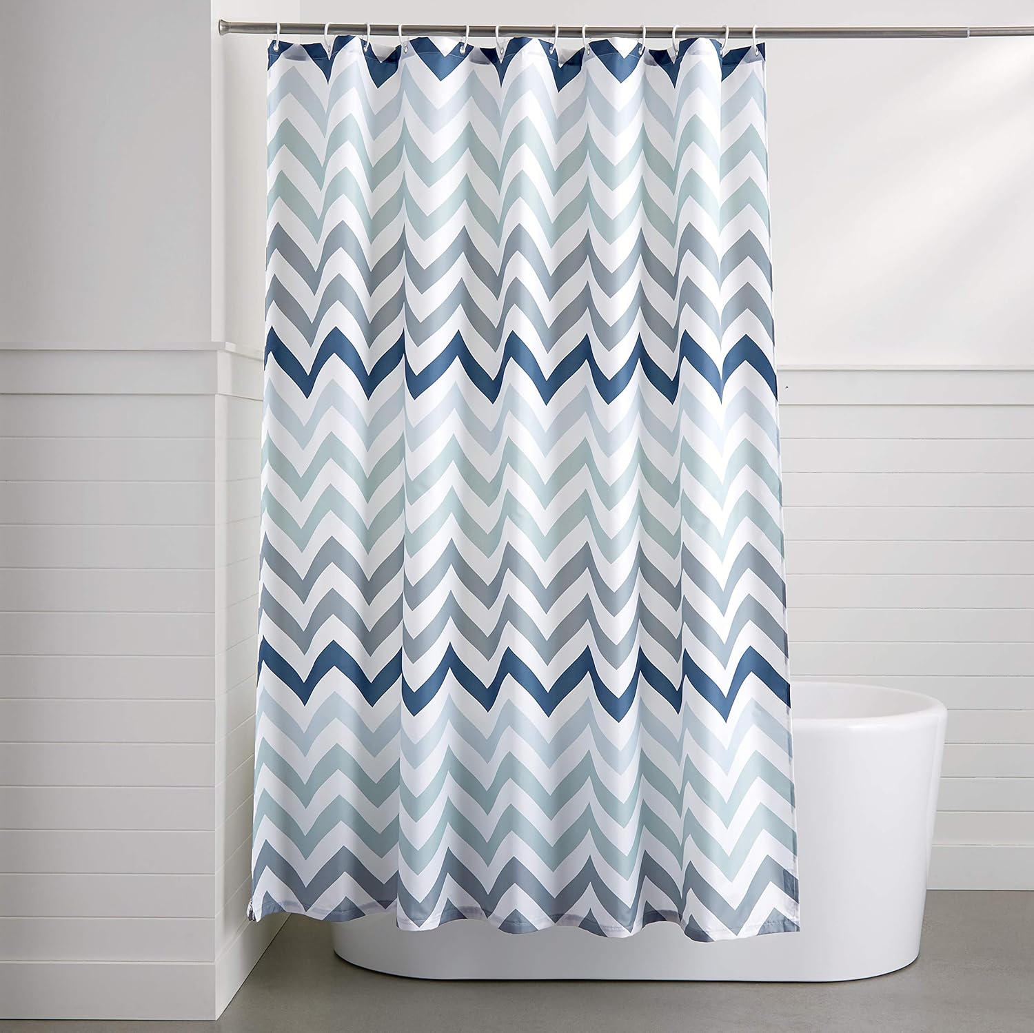 Amazon Basics Bathroom Shower Curtain, Water Resistant Fabric with Weighted Hem, Grommets & Hooks, Machine Washable, 72"x72", Blue Ombre Chevron - Image 7
