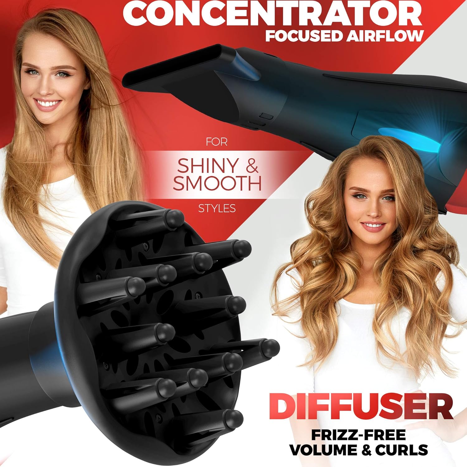 Professional Ionic Salon Hair Dryer, 2200 Watt Powerful AC Motor Ceramic Tourmaline Ion Blow Dryer, Quiet Hair Dryers with Diffuser & 2 Concentrator Nozzle Attachments Black/Red - Image 2