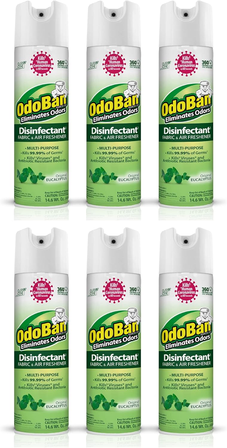 OdoBan Ready-to-Use 360-Degree Continuous Spray Disinfectant and Harsh Aroma Eliminator, Fabric and Air Freshener, 6 Pack, 14.6 Ounces Each, Original Eucalyptus Scent Clear
