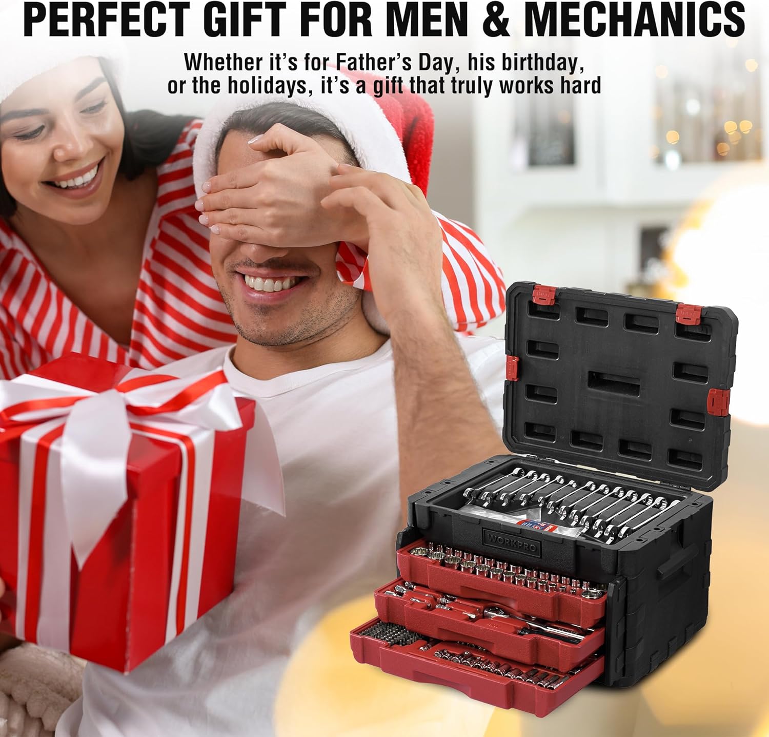 WORKPRO 450-Piece Drive Socket Set 1/2" 1/4" 3/8", CR-V Metric and Imperial with Quick-Release Ratchet Wrench, Spanners, Bits Set, Mechanics Tool for Car Repair - Image 2