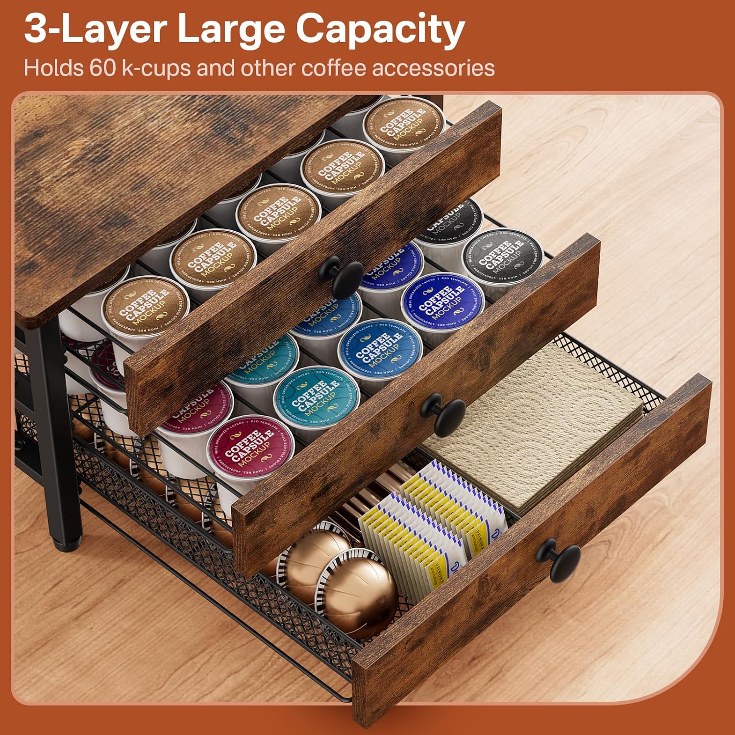Coffee Pod Holder for Counter, 3 Tier Coffee Pod Drawer for K Cup Capsules, 60 Capacity Pods Storage Organizer Cups Capsule with Sliding Baskets for Coffee Bar, Kitchen - Image 4