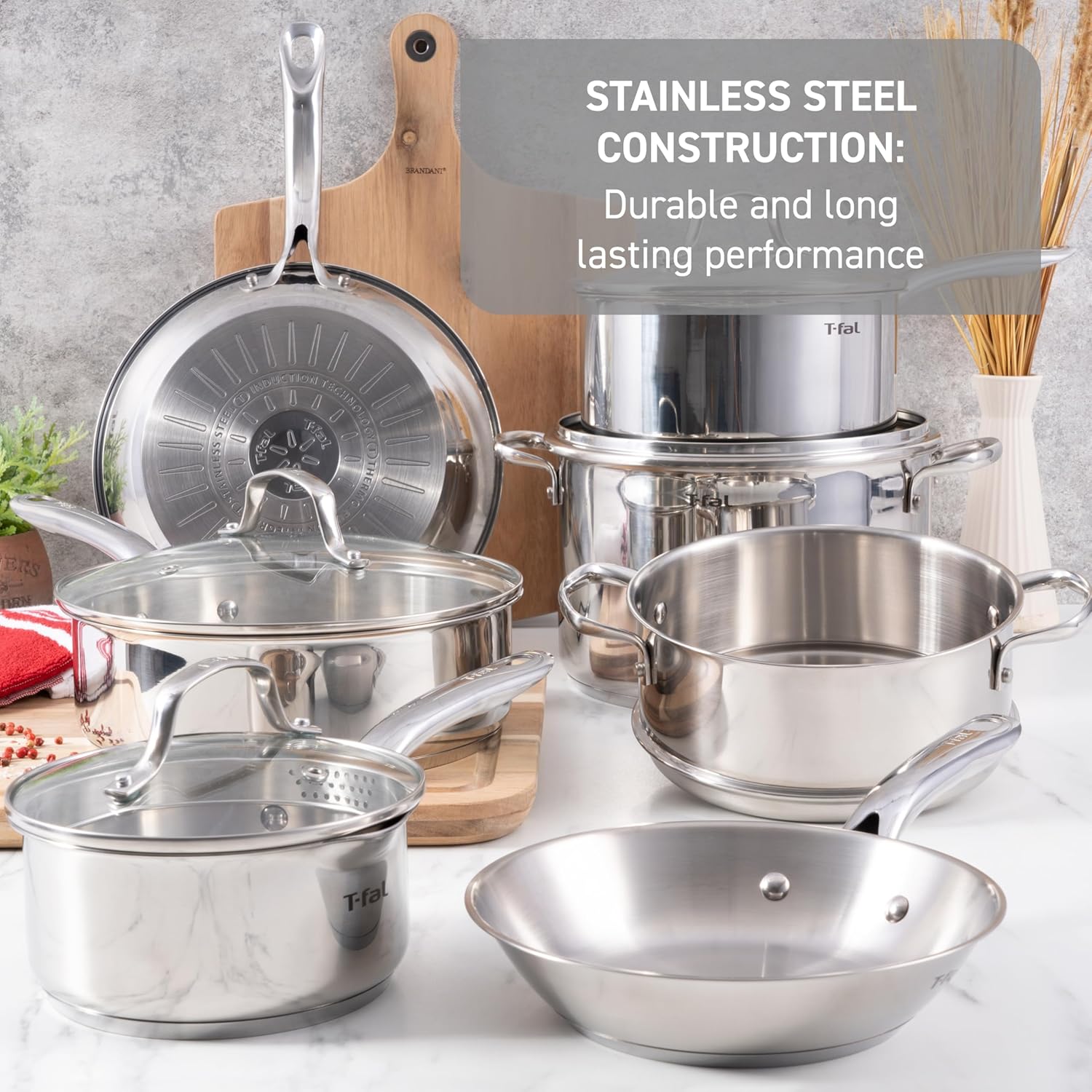 T-fal Stainless Steel Cookware Set, 11 Piece, Induction Cookware, Oven Safe to 500°F, Kitchen Cooking Set w/Fry Pans, Pots and Pans, Dutch Oven, Saucepans, Kitchen Essentials, Silver - Image 3
