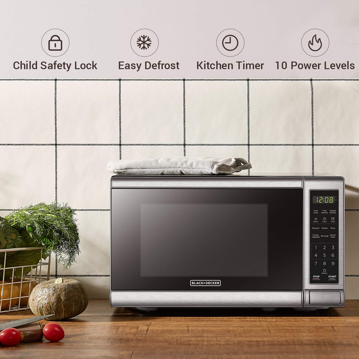 BLACK+DECKER EM720CB7 Digital Microwave Oven with Turntable Push-Button Door, Child Safety Lock, 700W, Stainless Steel, 0.7 Cu.ft - Image 3