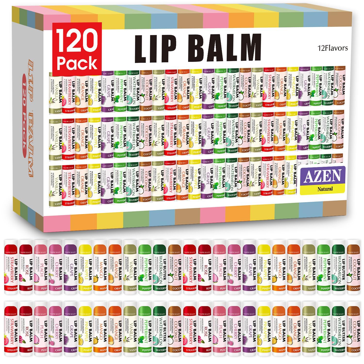 AZEN 120 Pack Lip Balm, Natural Lip Balm Bulk, Lip Care Product, Moisturizing Lip Balms for dry cracked lips, Valentines Gifts Easter Basket Stuffers - 12 Flavors