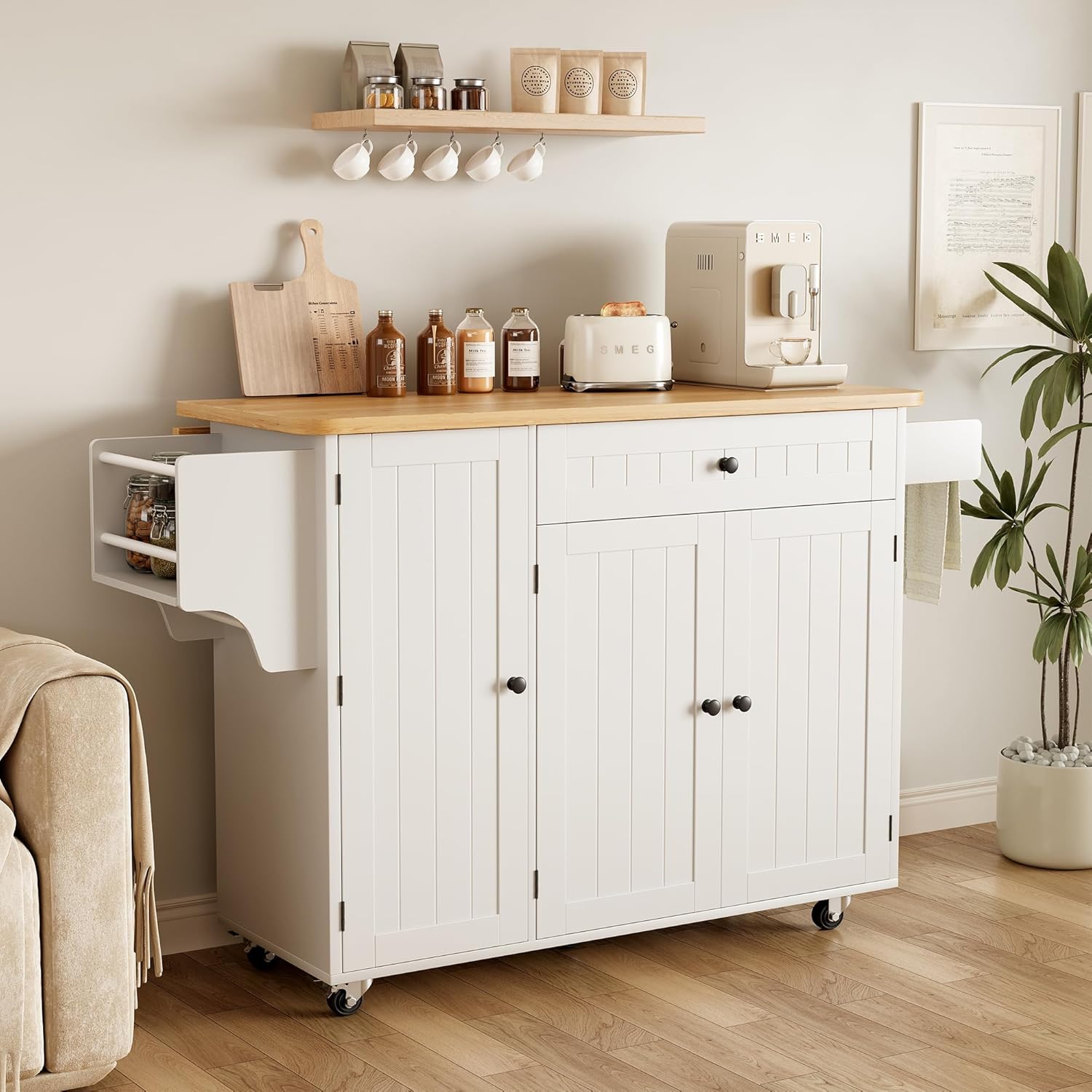 Kitchen Island with Storage, 41.7" Width Rolling Cart with Drawer, Rolling Kitchen Island on Wheels with Drop Leaf, Towel Rack, and Drawer, White, 41.7" L x 29.5" W - Image 6