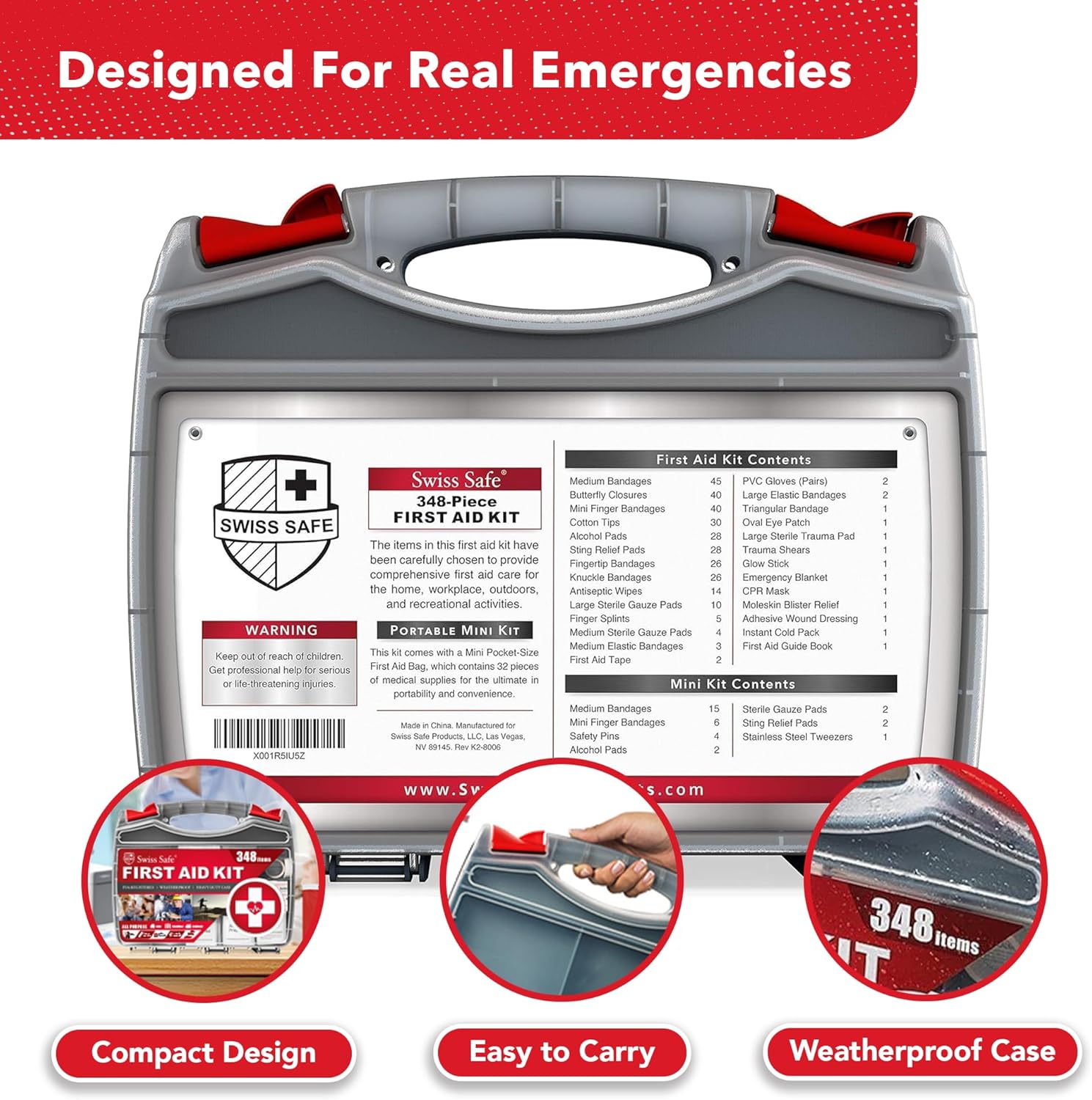 Swiss Safe 2-in-1 First Aid Kit for Car, Travel & Home, Businesses - Bonus Mini Kit for Medical Emergency Aid, Survival, Camping - FSA & HSA Eligible - 348 Pcs, Large Hardcase FAK - Image 8