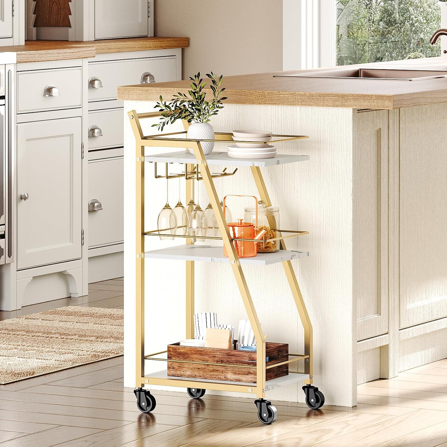Bar Cart, Gold Bar Cart for The Home, Small Bar Cart on Wheels, Beverage Cart, Home Bar Serving Cart with Glass Holder, Drink Cart for Bar, Kitchen, Marble White and Gold BC03DW - Image 5