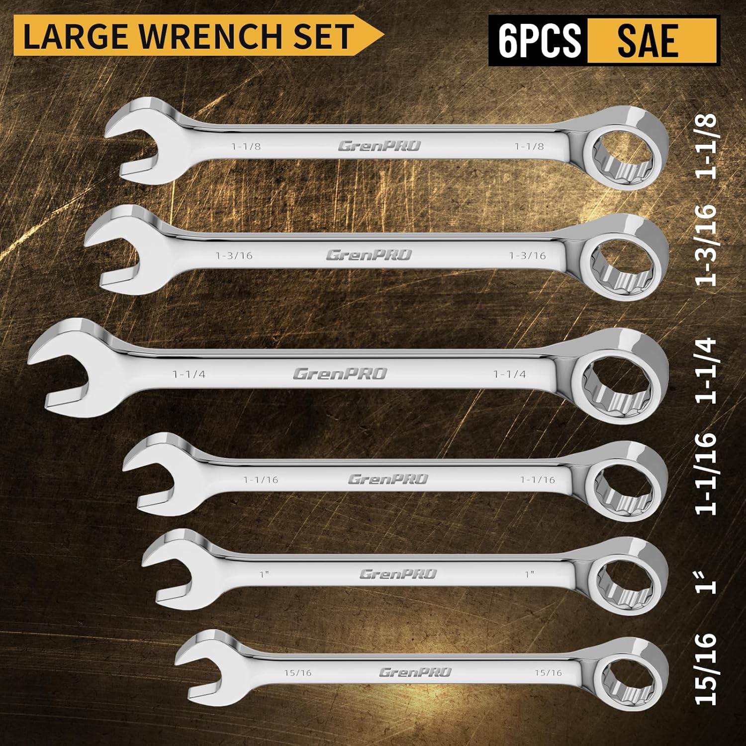 SAE Wrench Set, Large Wrench Set, 7-Piece 15/16", 1", 1-1/16", 1-1/8", 1-3/16", 1-1/4" Long Big Open End Wrench Tools Set Roll Up Pouch Organizer with Gauge, 12 Point Combination Wrenches Sets - Image 2