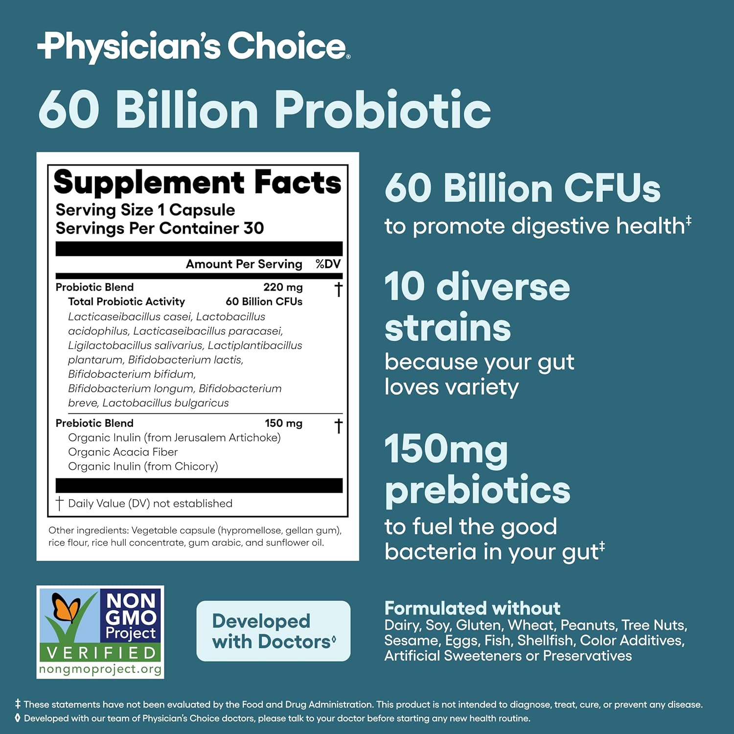 Physician's CHOICE Probiotics 60 Billion CFU - 10 Strains + Organic Prebiotics - Immune, Digestive & Gut Health - Supports Occasional Constipation, Diarrhea, Gas & Bloating - for Women & Men - 30ct - Image 6