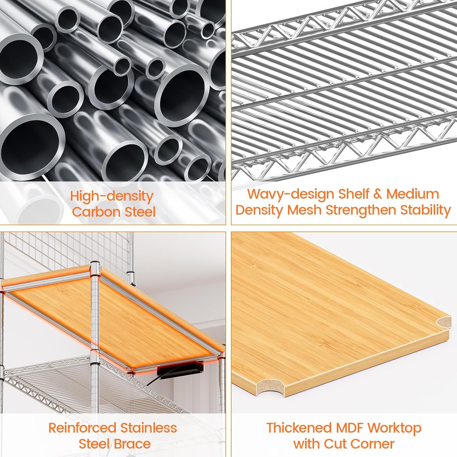 Leteuke Bakers Rack with Power Outlet & Storage, 36 Inch Microwave Stand Kitchen Cart, 4-Tier Metal Kitchen Shelves Cart with Wheels & 20 S-Hooks for Kitchen, NSF Certified, 63 x 18 x 36 Inch-Chrome - Image 6