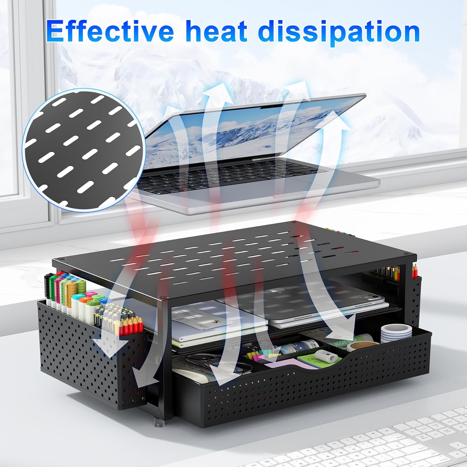 gianotter Desk Organizers and Accessories, Monitor Stand with Drawer and 2 Pen Holder, Desktop Organizer Suitable for Offices and Dormitories (Black) - Image 5