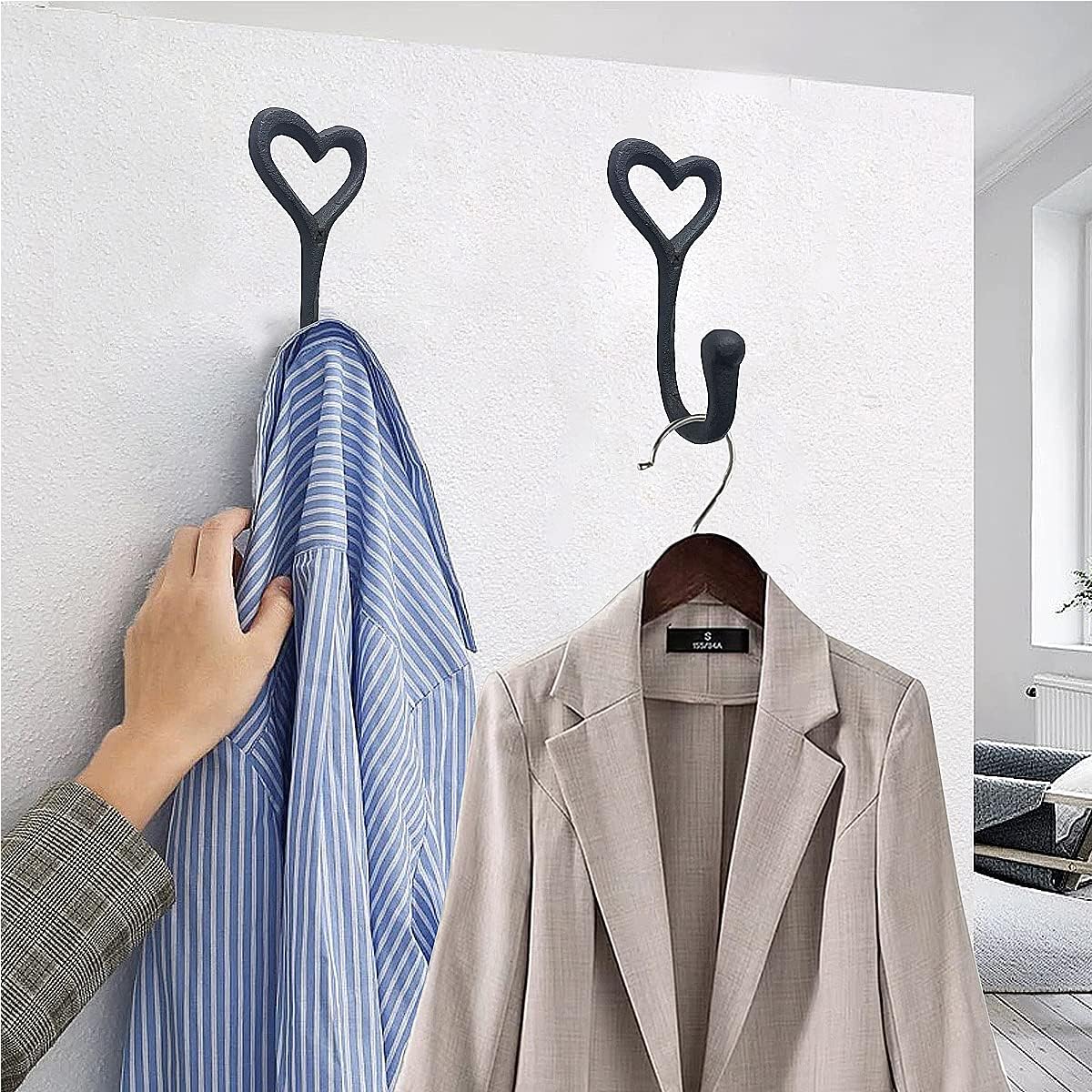 ZEYU Heavy Duty Coat Hooks, 4pcs Cast Iron Love Heart Shape Wall Hooks for Hanging Coats, Black No Rust Hooks for Scarf, Bag, Towel, Key, Cap, Cup, Hat - Image 5