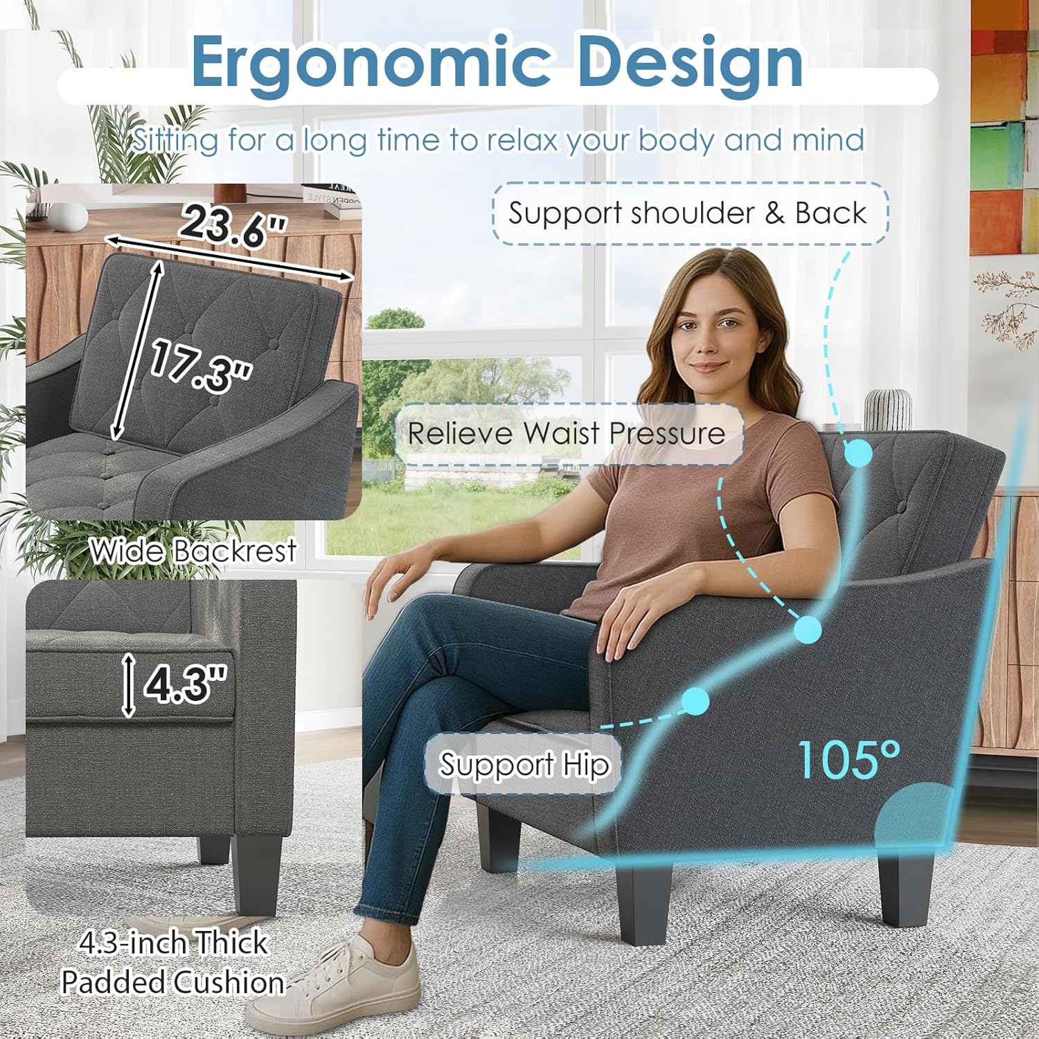 STHOUYN Living Room Chairs Grey Accent Chairs Set of 2, Waiting Room Arm Chairs, Reading Chairs for Bedroom Comfy Club Chair Tufted, Office Small Space (2, Grey) - Image 5