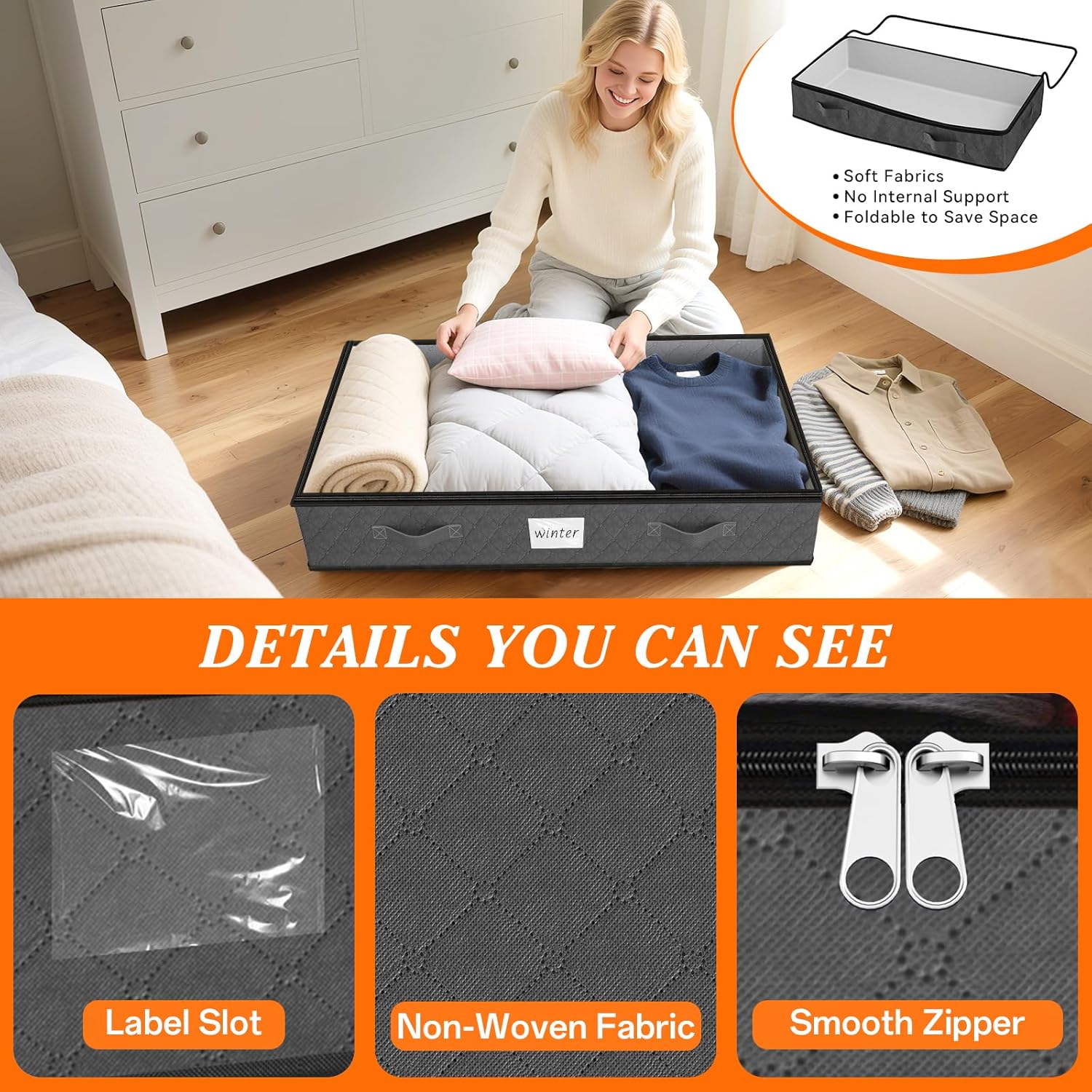 SpaceWhisper 90L Under Bed Storage Containers, 4-Pack Storage Bins with Clear Top, Foldable Closet Organizers and Storage with Label Holder for Clothing, Blankets, Comforter & Pillows (Grey) - Image 3