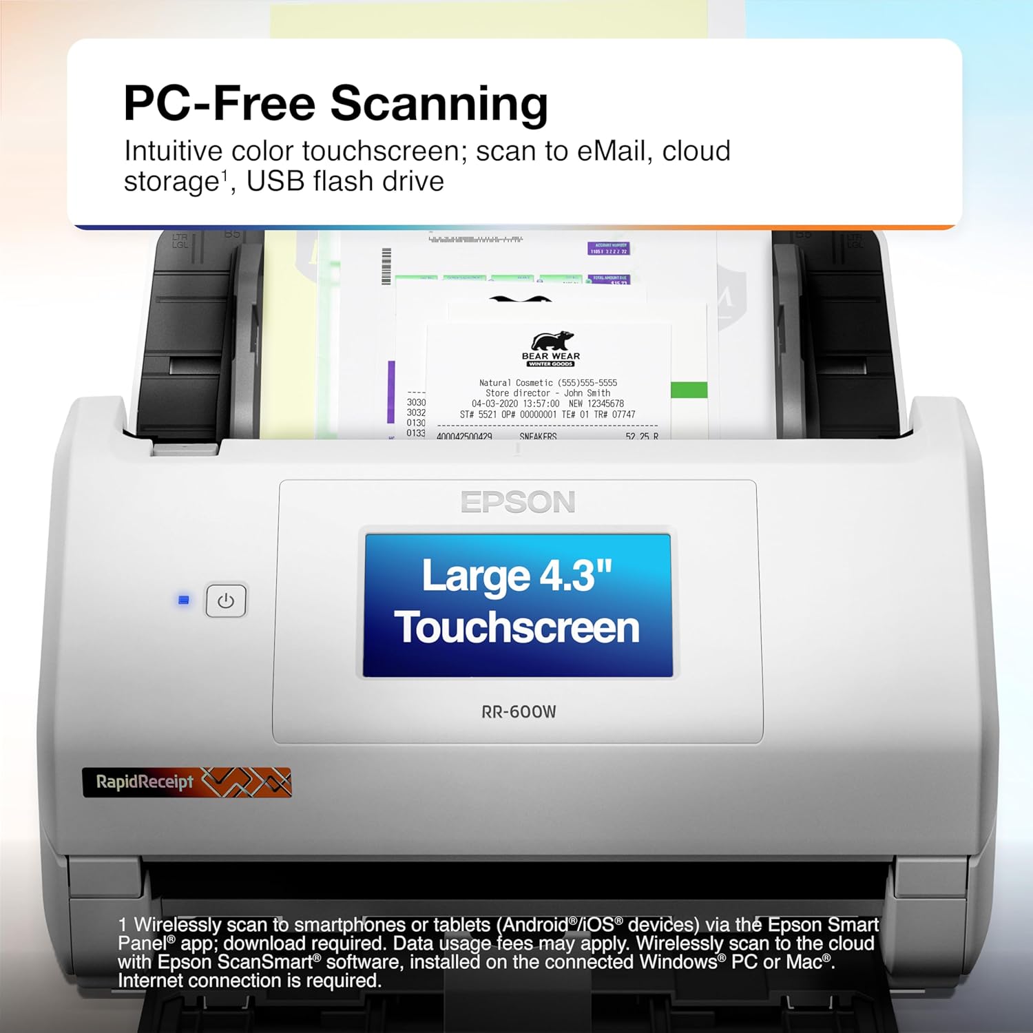Epson RapidReceipt RR-600W Wireless Desktop Color 2-Sided Document & Tax Receipt Scanner with ScanSmart AI PRO Data Management Software for PC & Mac Touchscreen & 100-Page Auto Document Feeder - Image 5
