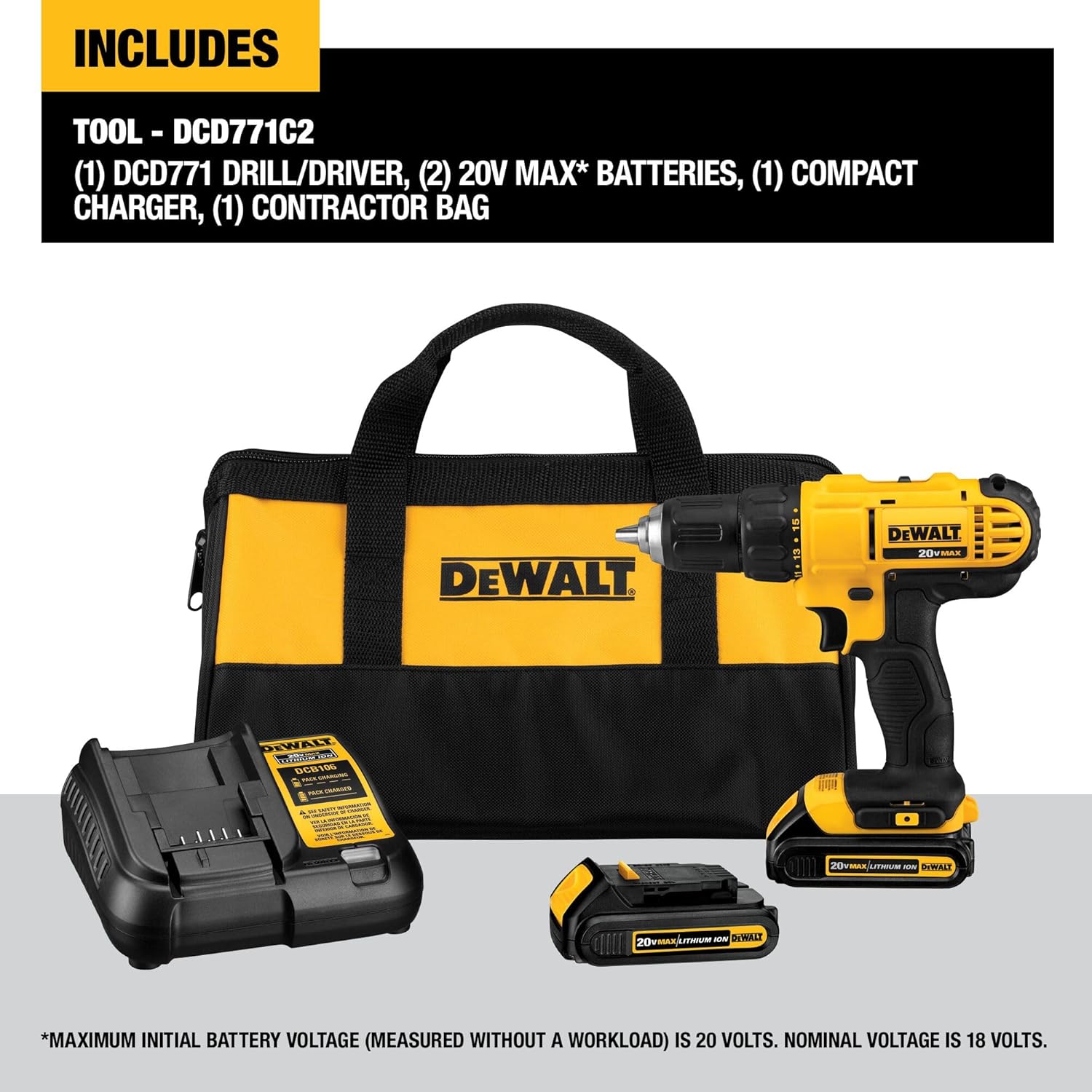 DEWALT 20V Max Cordless Drill Driver Set, 2 Speed, High Performance Motor, Includes 2 XR 1.3Ah Li-Ion Batteries, Charger and Contractor Bag (DCD771C2) - Image 2