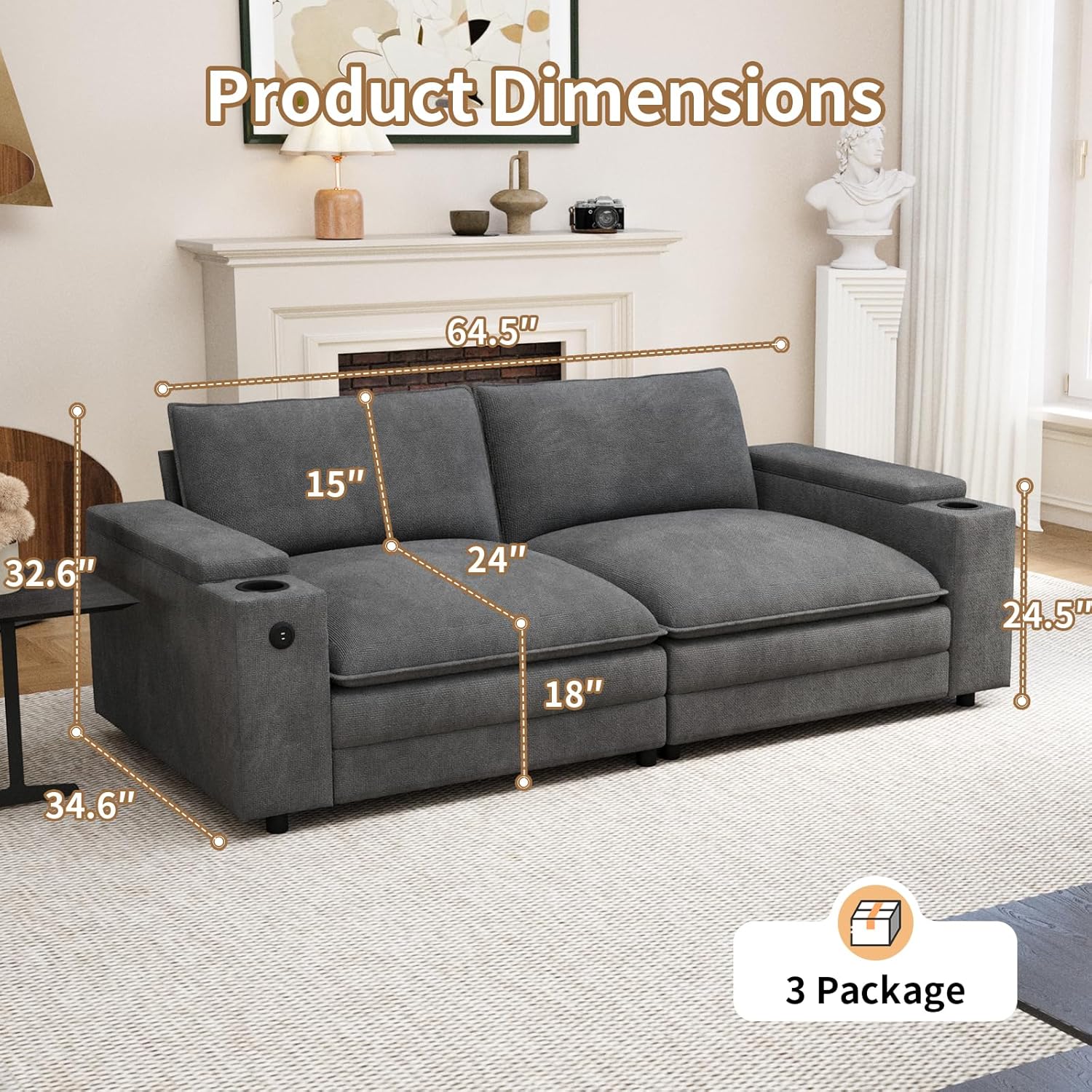 81.5" Loveseat Cloud Sofa Couch with Storage Armrest, Cup Holders, USB & Type-C Ports, Spring Cushions, Solid Wood Frame, Chenille Modular Sectional for Living Room - Image 2