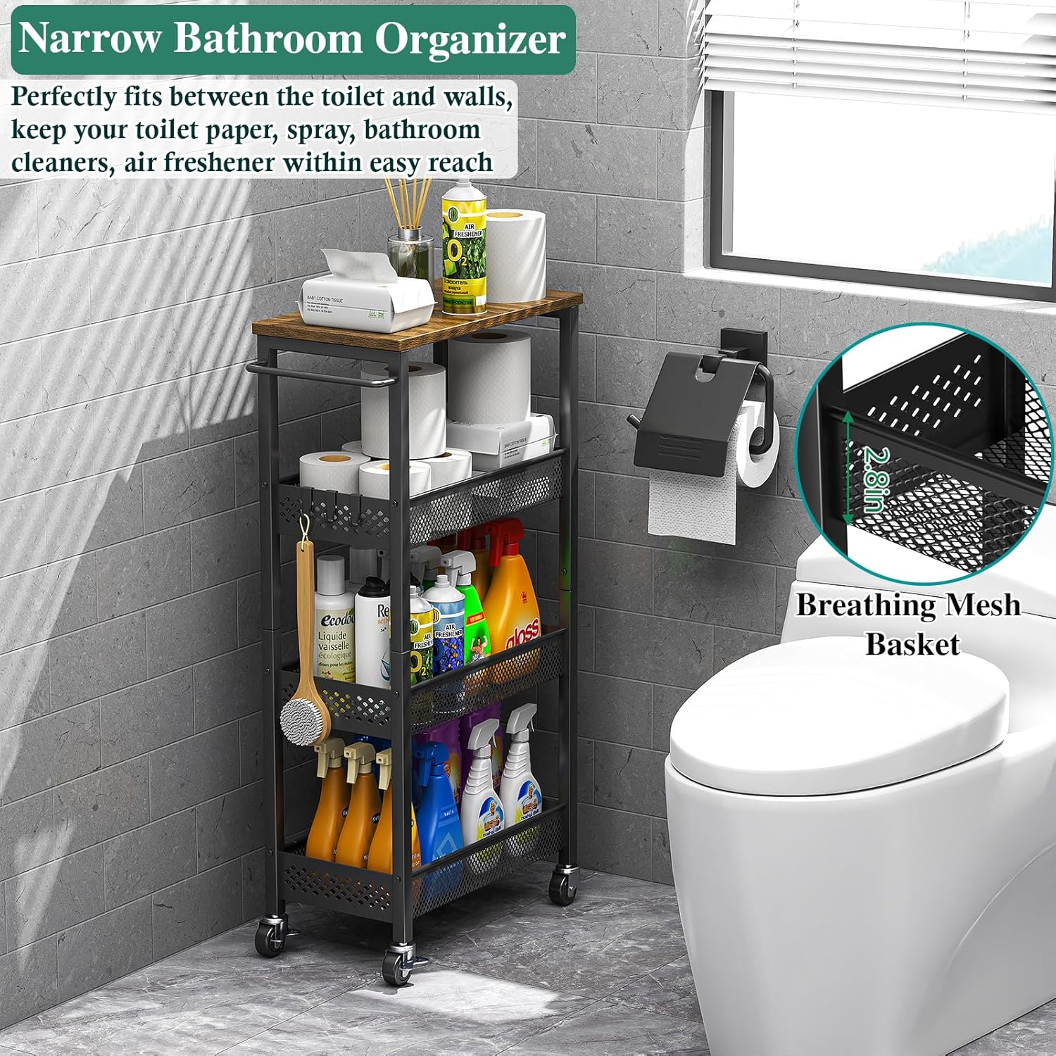 Utility Slim Storage Cart, 4-Tier Narrow Bathroom Organizer and Storage Cart, Metal Narrow Kitchen Laundry Room Organization Rack with Wood Top, Slim Rolling Shelf with Wheels for Small Space - Image 5