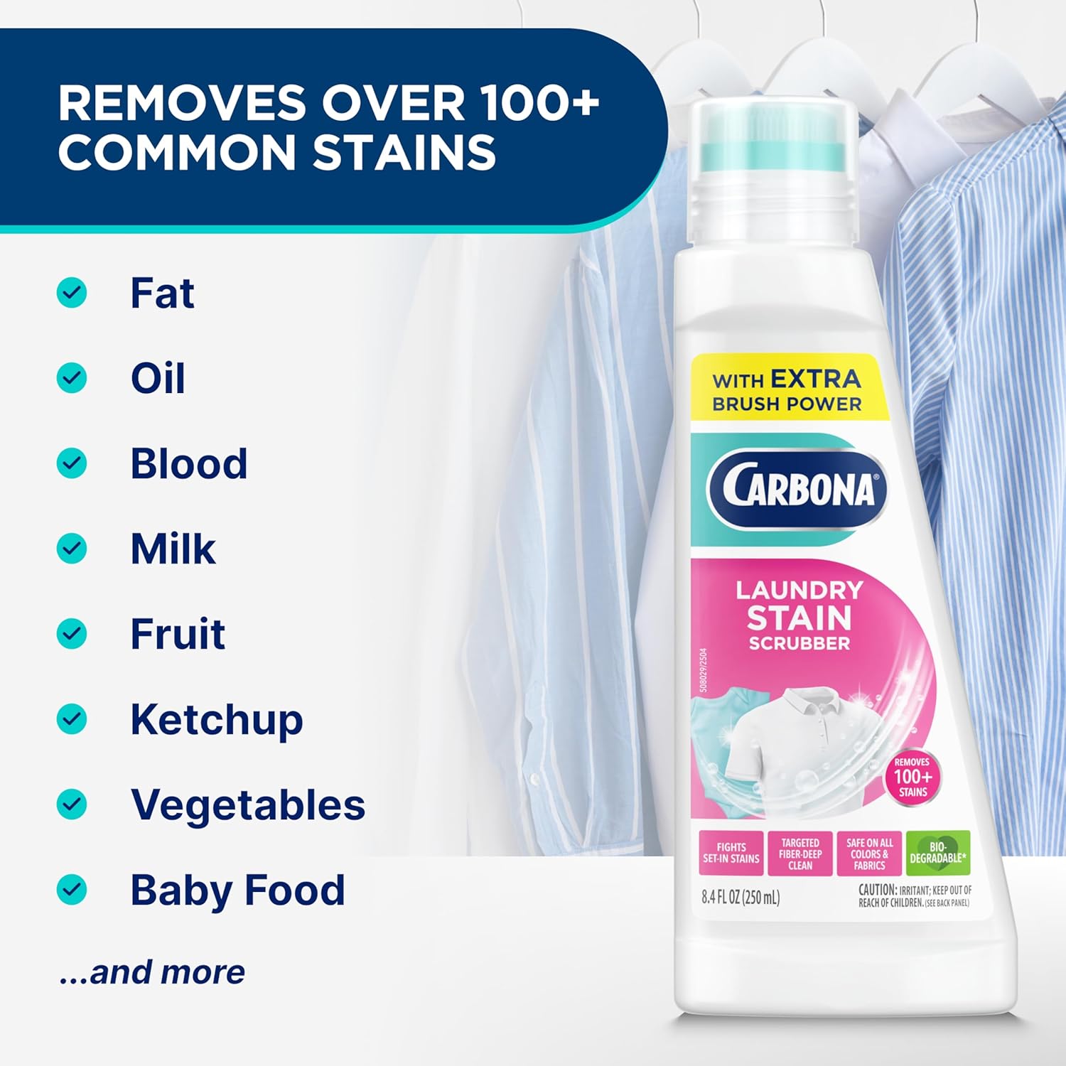 Carbona Laundry Stain Scrubber | Bio-Enzyme Stain Remover | Eliminates Fat, Oil, Blood, Milk, Fruit, Ketchup, Vegetables & Baby Food Stains | Save On Skin & Washable Fabrics | 1 Pack, 8.4 Fl Oz - Image 4