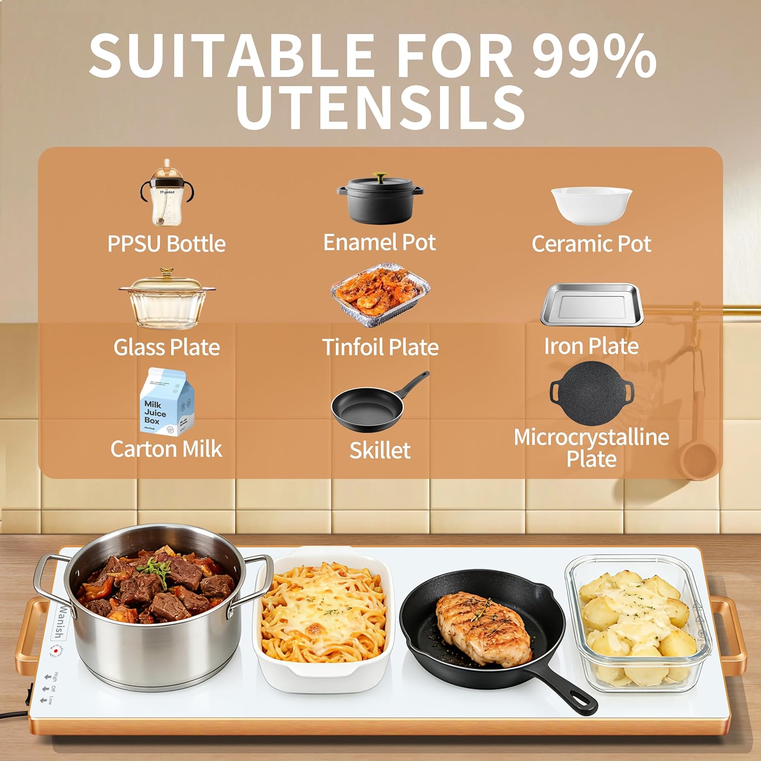 Electric Warming Tray (L 32”x12”),Food Warmers for Parties Buffet with Thermostat&Full Surface Heating,Tempered Glass Warming Mat for Food, Temperature Adjustable Gold Handles Food Warming Mat,White - Image 5