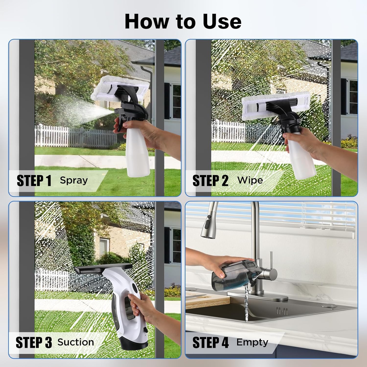 Window Vacuum Squeegee Cordless, 2000Pa Electric Window Cleaner Tool with 2200mAh & 150ml Water Collection Tank, Window Cleaning Kit Shower Squeegee for Glass Doors, Windows, Mirrors, Car (White) - Image 7