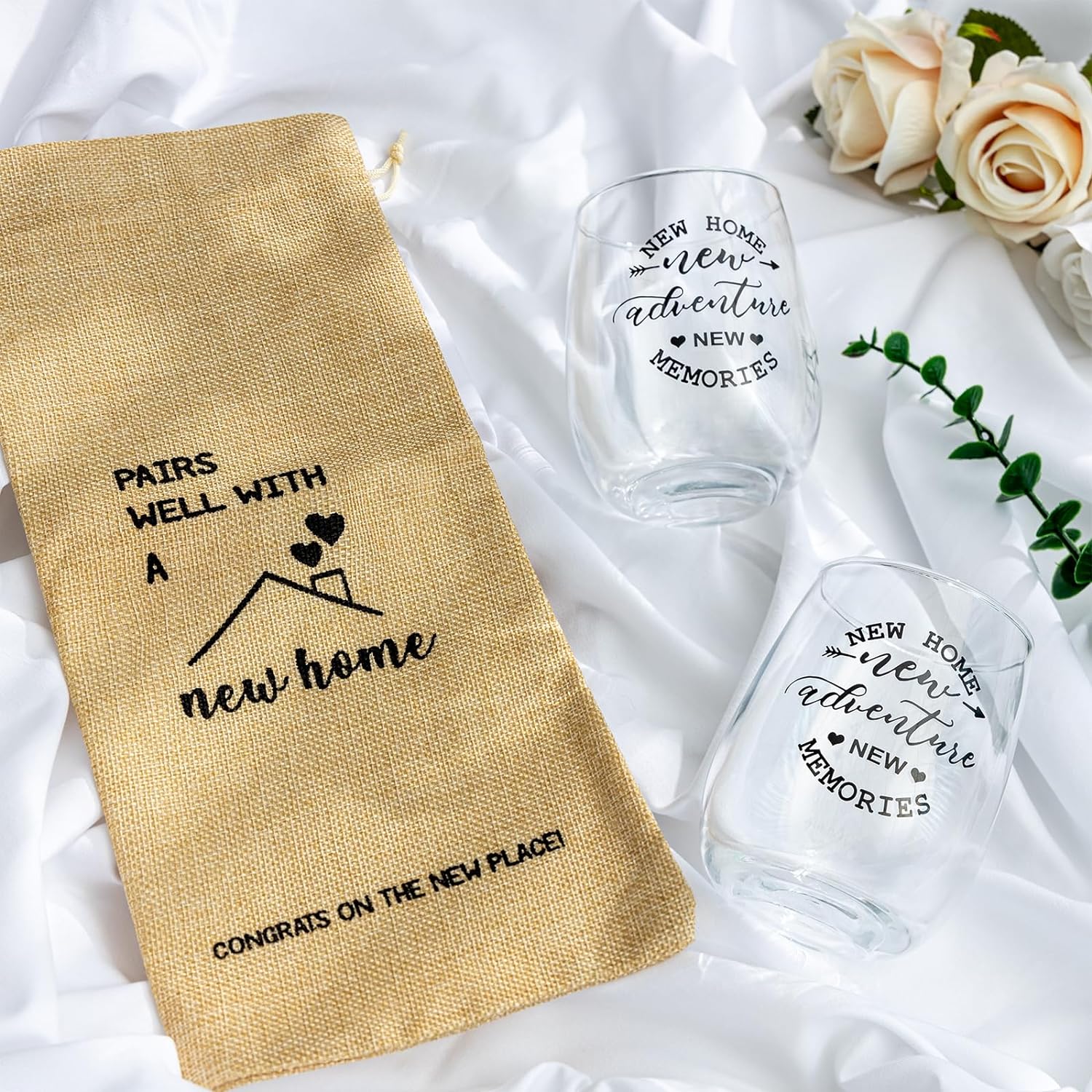 House Warming Gifts New Home, Housewarming Baskets Stemless Wine Glass & Bottle Bag Set for Newlywed Couple, Women, Friends, New Homeowner, Unique Closing Gift for Home Buyers, Clients - Image 2