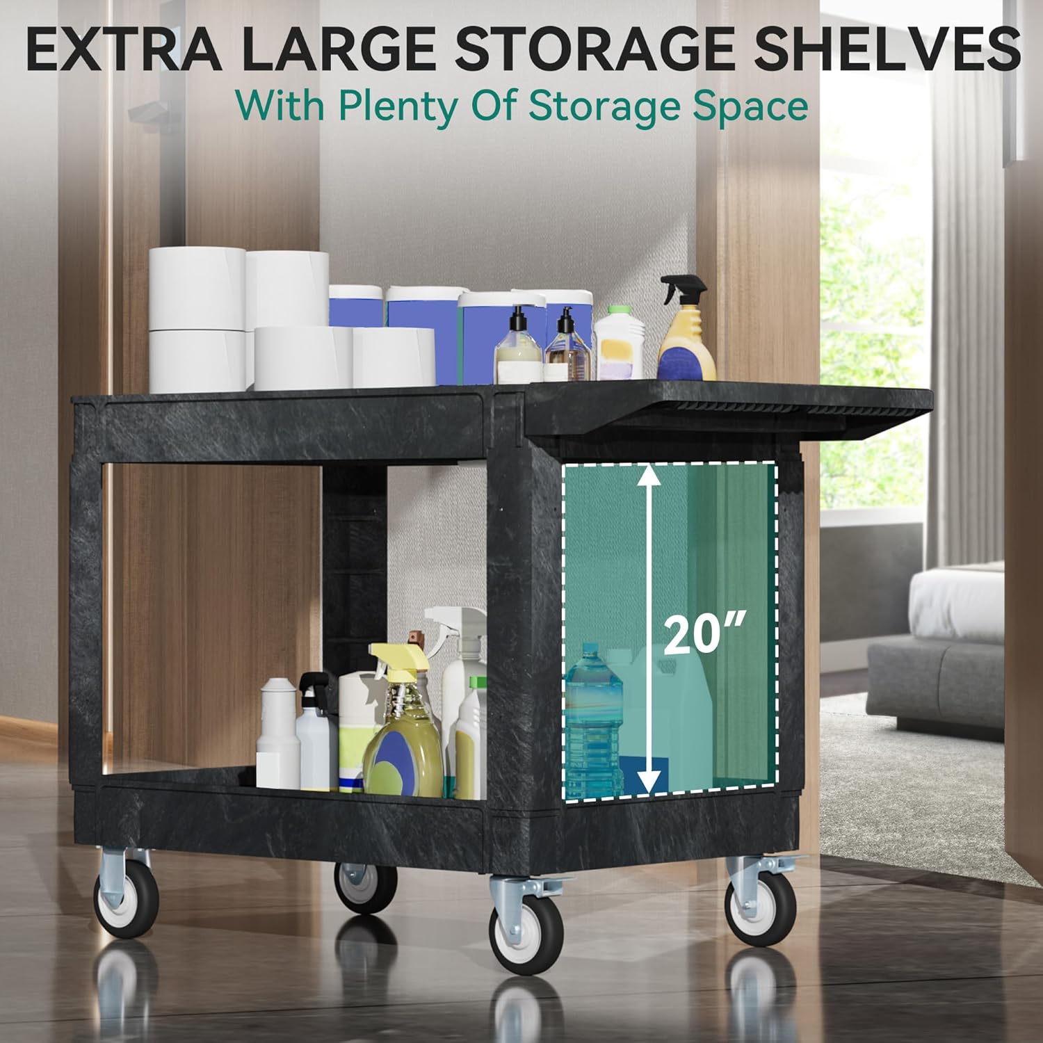 YITAHOME Utility Cart on Wheels, 550 lbs Capacity, 45 x 25 Inch Rolling Work Carts with Wheels, 2 Shelf Heavy Duty Plastic Service Cart Suitable for Warehouse, Garage, School & Office, Cleaning, Black - Image 7