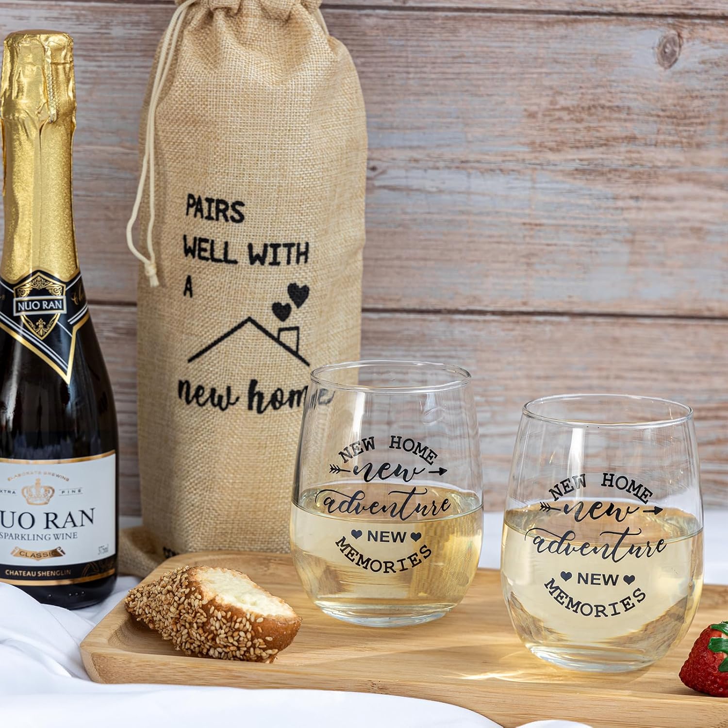 House Warming Gifts New Home, Housewarming Baskets Stemless Wine Glass & Bottle Bag Set for Newlywed Couple, Women, Friends, New Homeowner, Unique Closing Gift for Home Buyers, Clients - Image 5