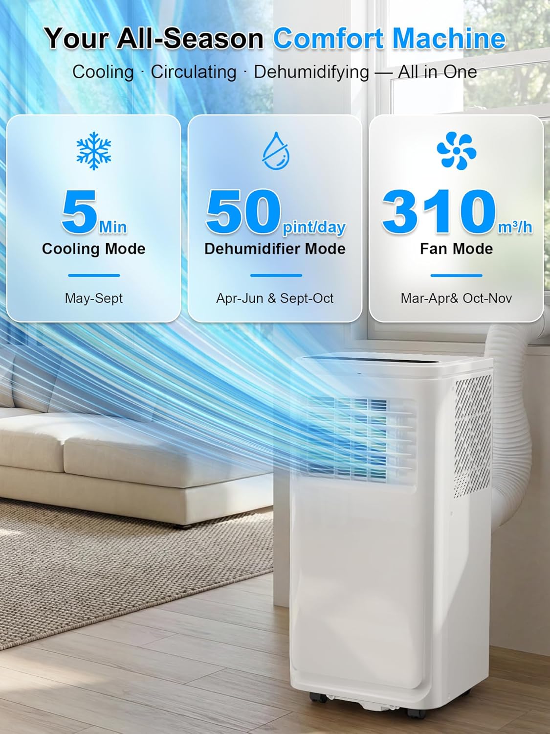 MEPTY Portable Air Conditioners, 10000 BTU Portable AC Unit with Dehumidifier, Sleep Mode, 24H Timer, Cools Room up to 450 sq.ft, Room Air Conditioners with Self-evaporation System for Bedroom - Image 3