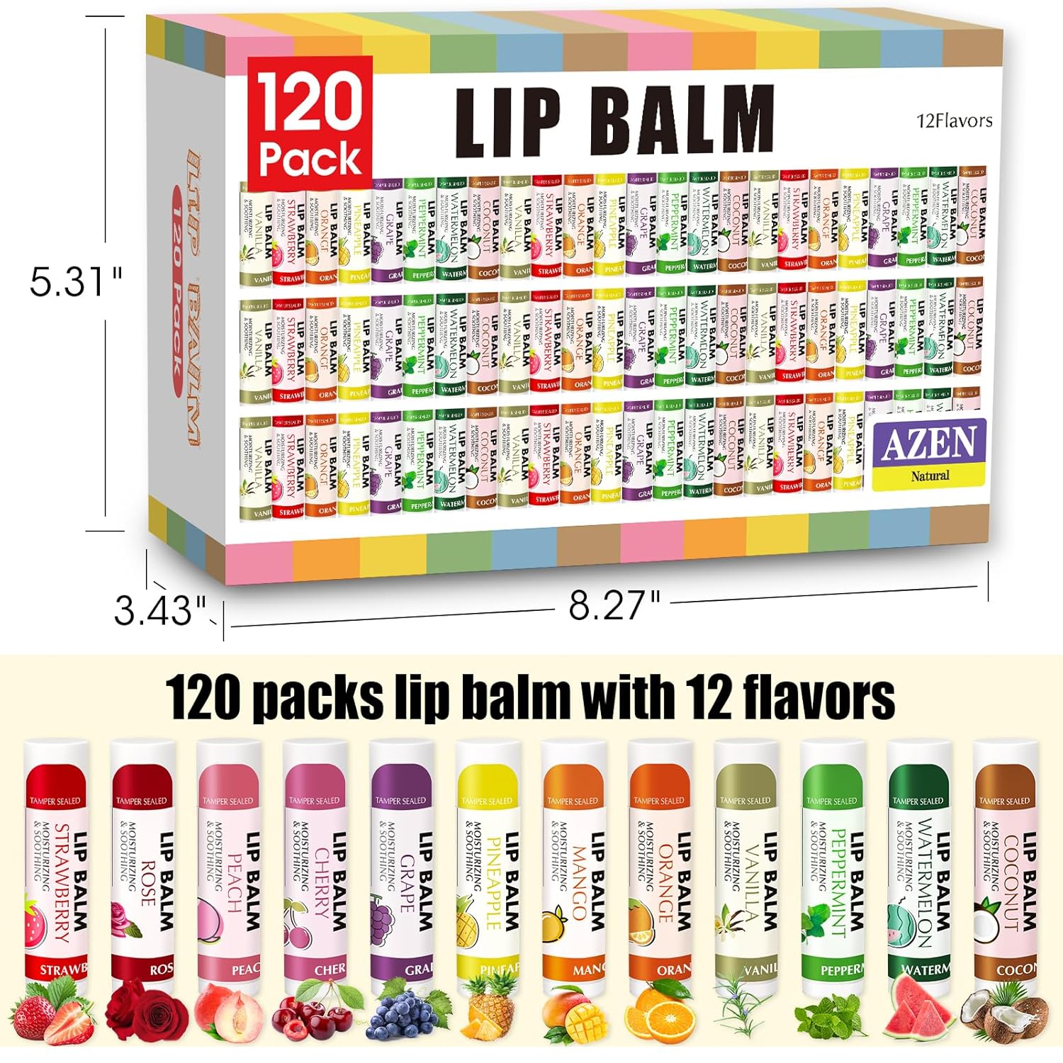 AZEN 120 Pack Lip Balm, Natural Lip Balm Bulk, Lip Care Product, Moisturizing Lip Balms for dry cracked lips, Valentines Gifts Easter Basket Stuffers - 12 Flavors - Image 7