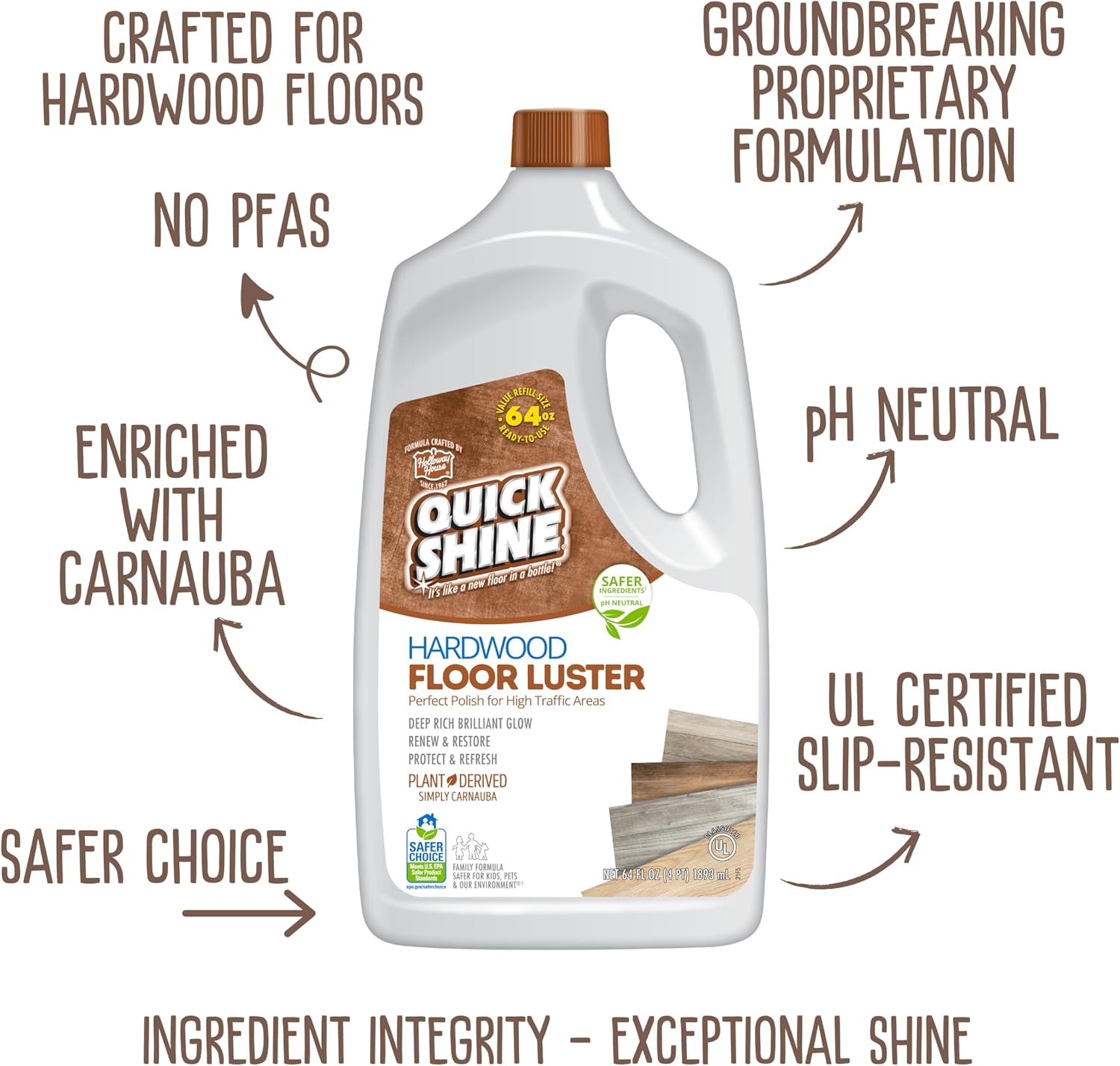 Quick Shine Hardwood Floor Luster-Polish 64oz | Plant-Derived w/Carnauba | Safer Choice, No PFAS, pH Neutral | Ready to Use Formula w/Anti-Slip Technology | Simply Squirt & Spread | Made in USA - Image 2