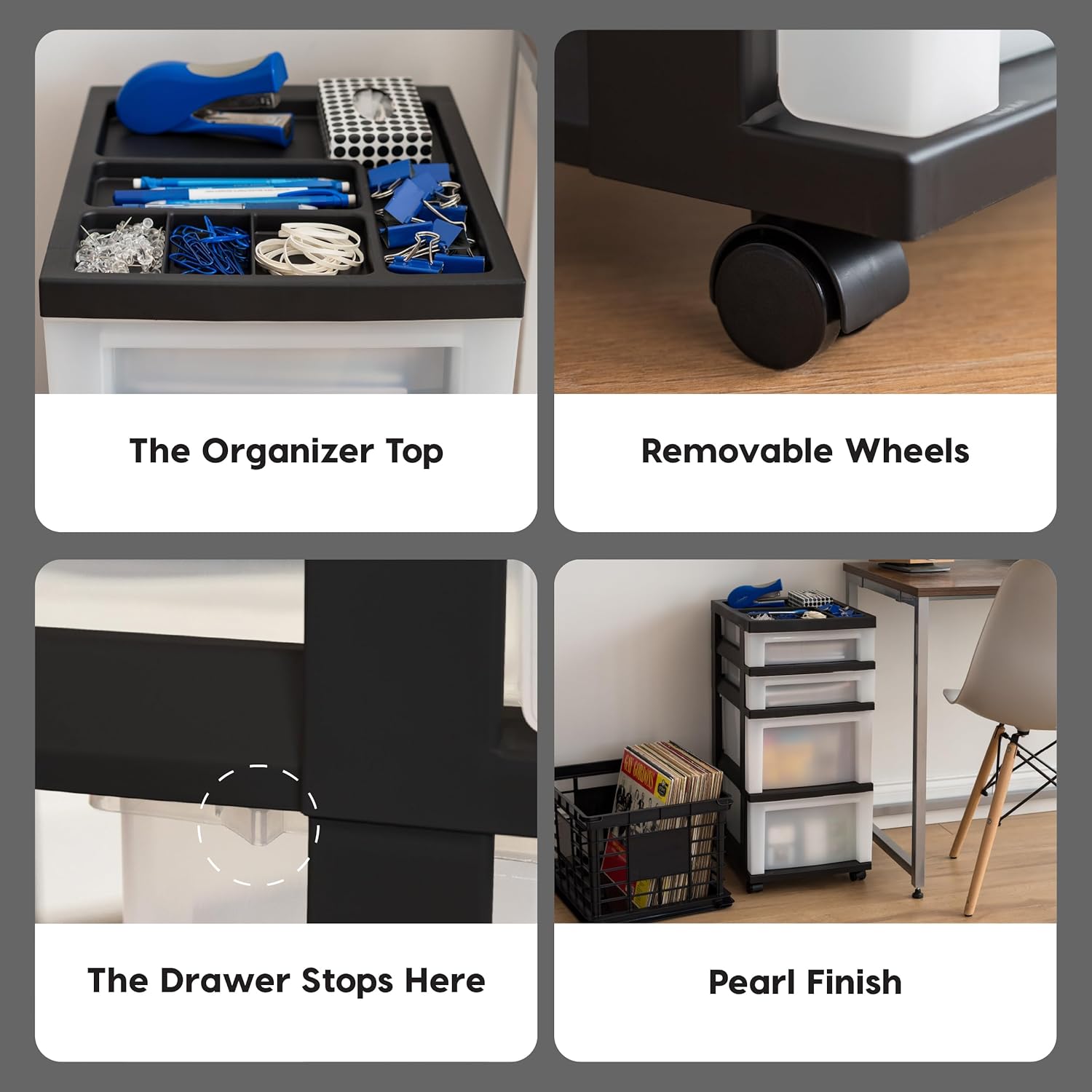 IRIS USA Plastic Drawer Storage Organizer Rolling Cart, with Wheels Casters, 4-Drawers, for Classroom Art Craft Supplies Dresser Closet Bathroom Laundry Room, Black/Pearl - Image 7