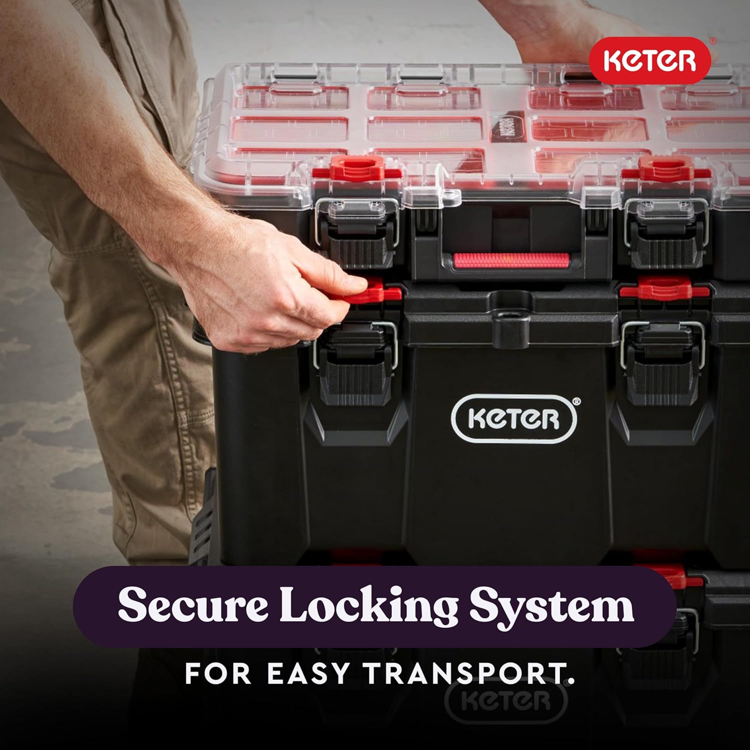 Keter Stack-n-Roll Modular Tools Organizer for Garage Storage and DIY, 3 Piece Resin Rolling Tool Box System for Small Parts, Black - Image 4