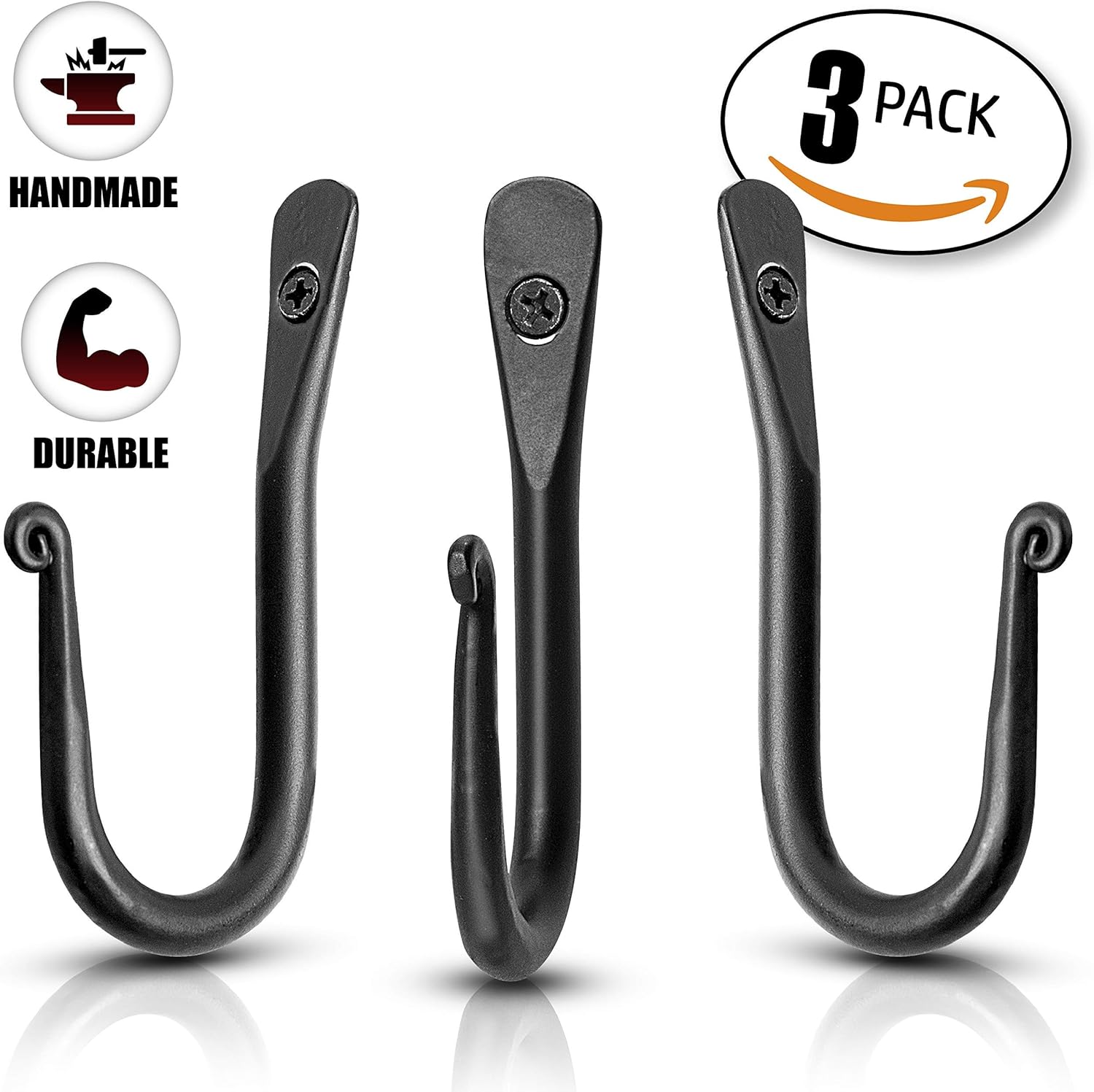 Decorative Hooks for Wall - Wall Hooks for Hanging Coats, Hats, & Bags, Versatile Towel Hooks for Bathrooms or Kitchen - Wrought Iron Hanging Hooks - Pack of 3, Black - 2 x 0.35 x 3.75 Inches - Image 2