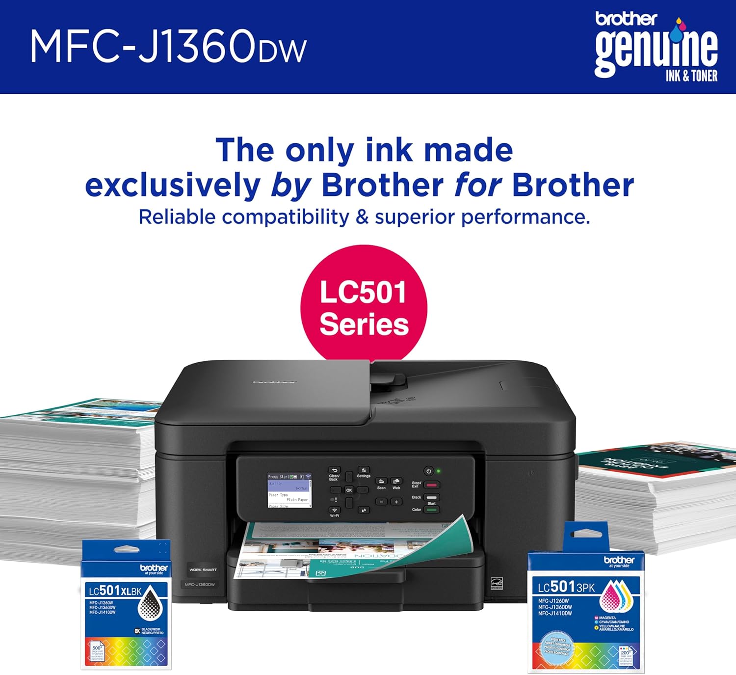Brother Work Smart 1360 Wireless Color Inkjet All-in-One Printer with Automatic Duplex Printing and 1.8” Color Display | Includes Refresh Subscription Trial(1) (MFC-J1360DW) (Uses LC501 Series Inks) - Image 2