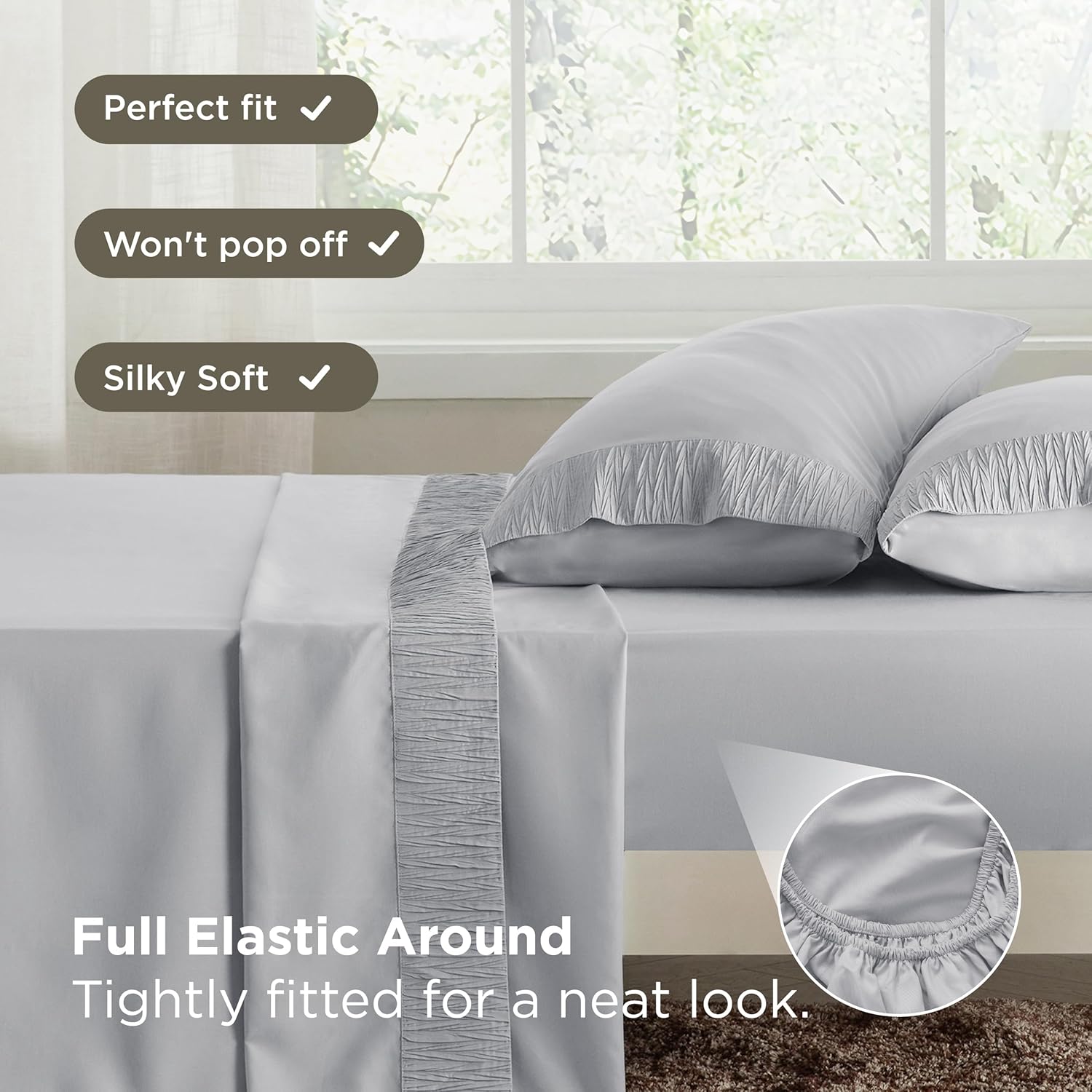 Bedsure Queen Sheet Set - 4 Pieces Soft Queen Size Sheets - Breathable & Cooling - Hotel Luxury - Easy Care Polyester Microfiber Bedding for Women, Men, Light Grey - Image 6