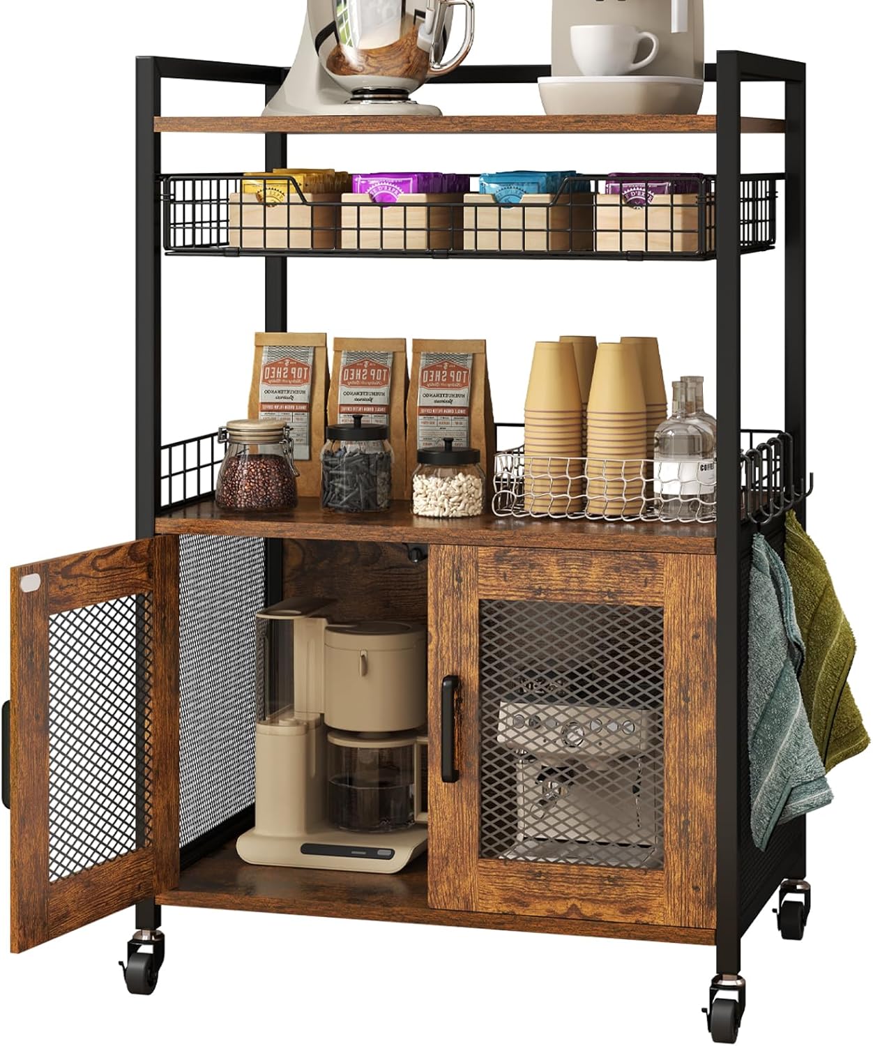 Coffee Bar Cabinet, 3 Tier Coffee Station Table on Wheels, 35.9" H Bar Cart with Wire Basket Drawer & 5 Hooks for Home Kitchen, Liquor Buffet Sideboard Cabinet (Rustic Brown) - Image 9