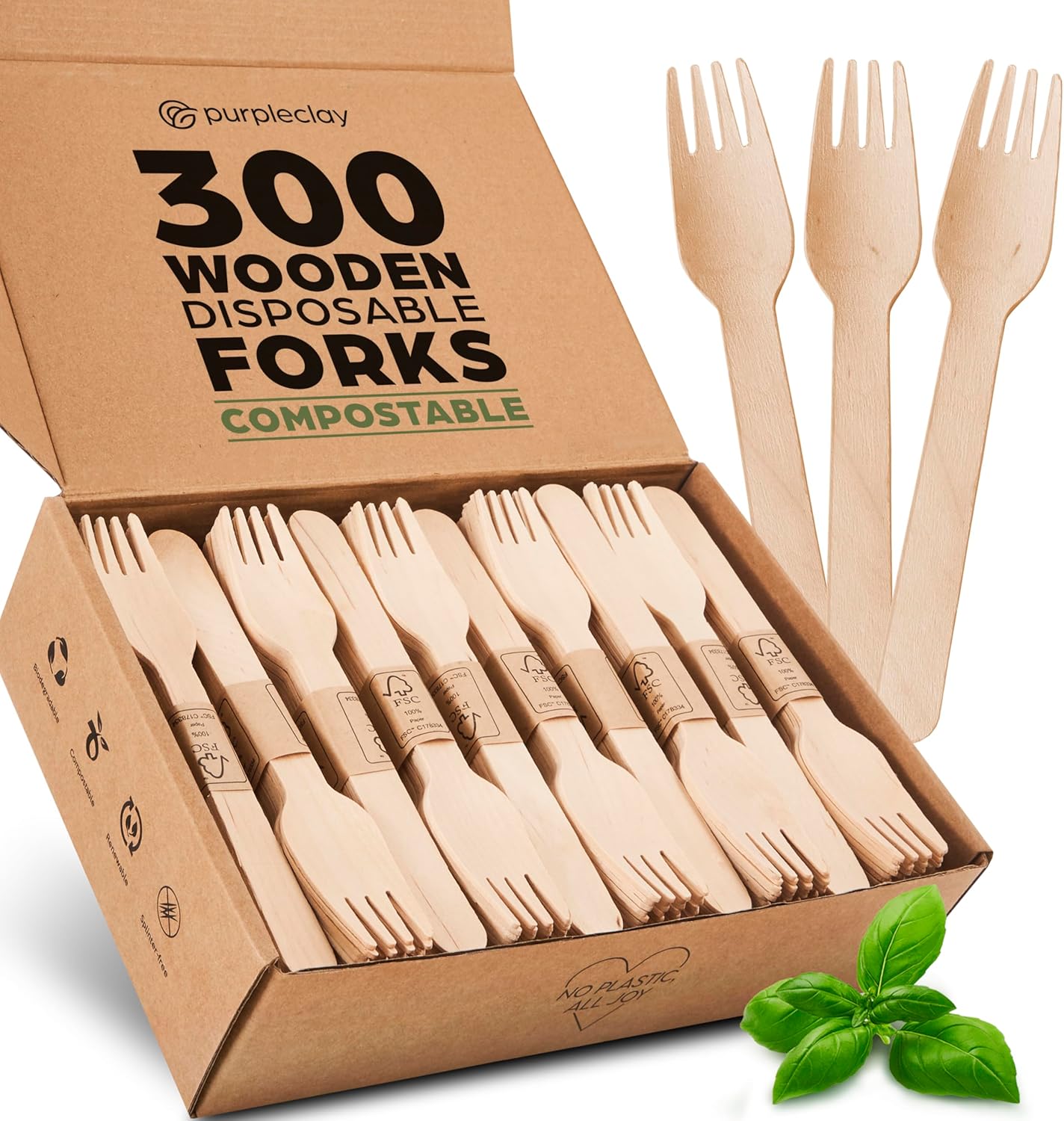 PURPLECLAY Wooden Disposable Forks (300 PCS) FSC Certified Wood Compostable Forks, Eco-Friendly Compostable Utensils for Party, Plastic-Free Wood Utensil, Bamboo Utensils Alternative, Fork for Eating
