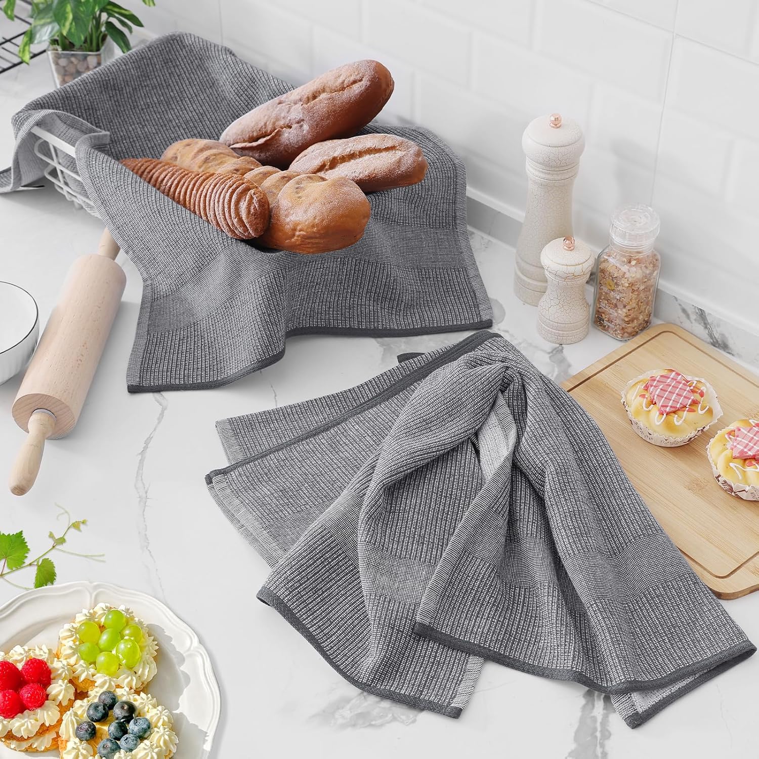Homaxy Premium Kitchen Towels(18”x 28”, 6 Pack), Large Cotton Kitchen Hand Towels, Flat and Terry Dish Towels, 380 GSM Highly Absorbent Tea Towel Set with Hanging Loop, Grey - Image 6