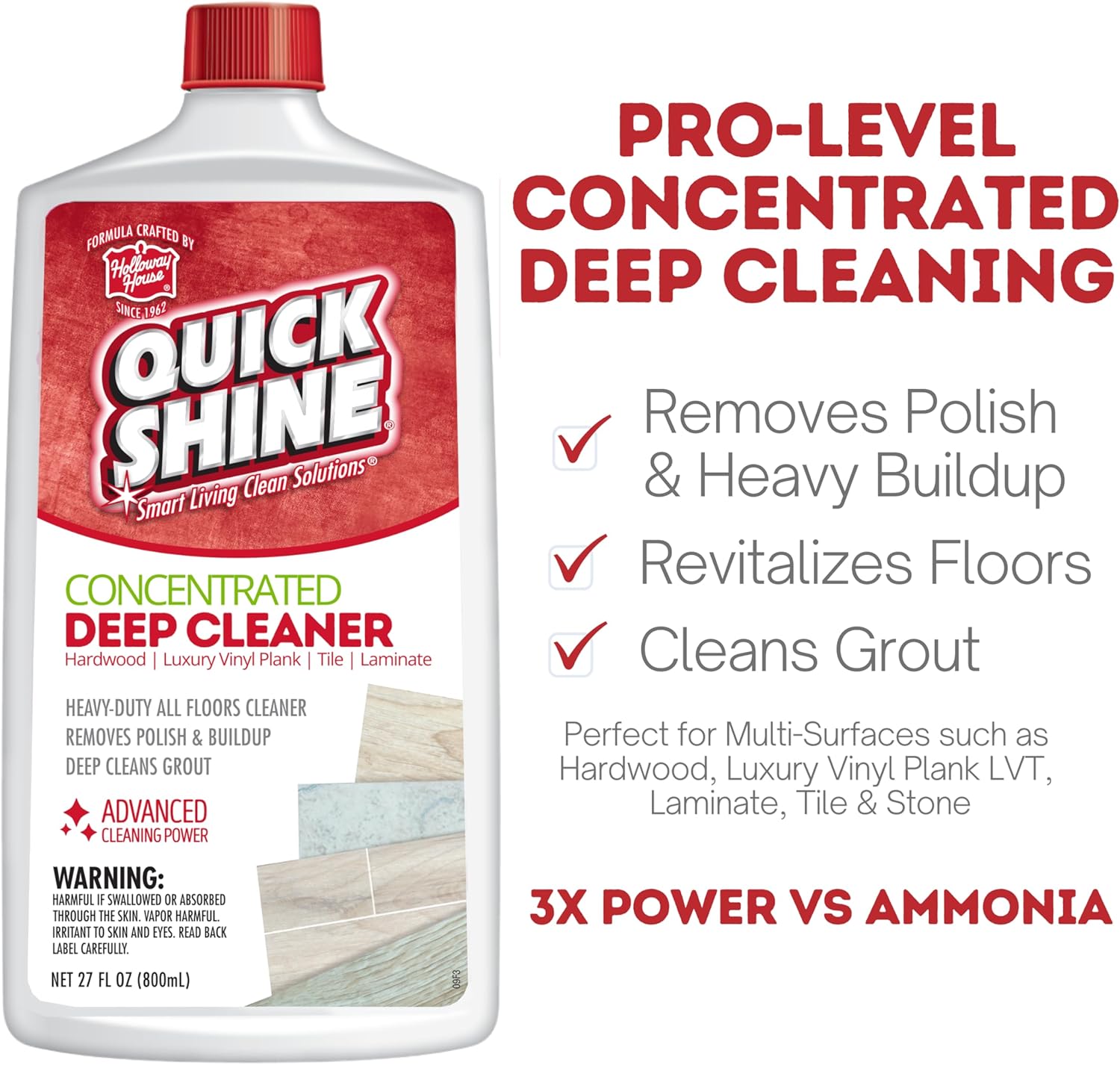 Quick Shine Multi Surface Deep Floor Cleaner and Wax Remover 27Fl oz,(Pack of 2) Removes Wax Build-Up,Revitalizes Floors &Cleans Grout,Use on Hardwood, Laminate, LVT,Tile and Stone,Pro-Level Cleaning - Image 2