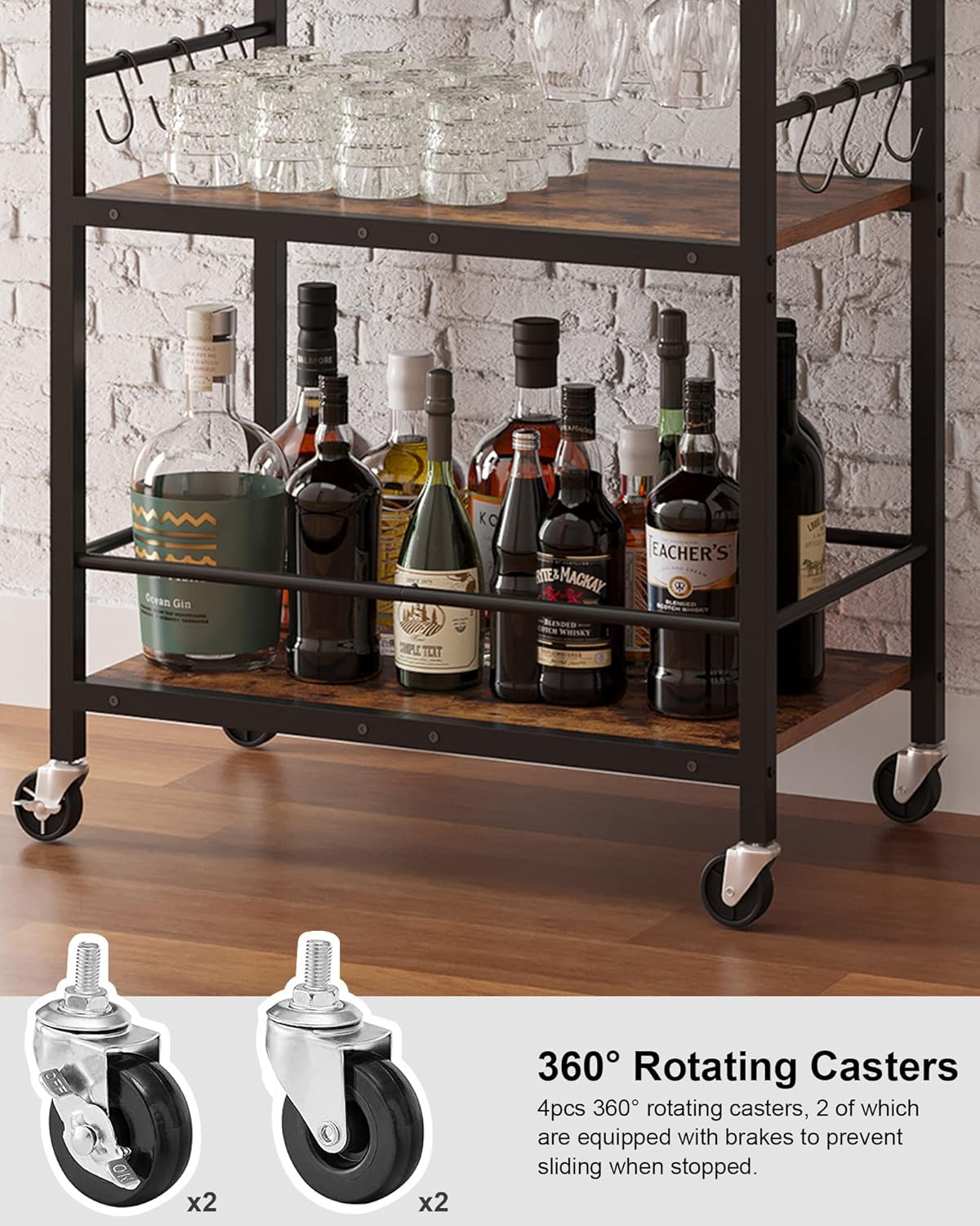 TUTOTAK Bar Cart, Serving Cart for Home, Microwave Cart, Drink Cart, Mobile Kitchen Shelf with Wine Rack and Glass Holder, Rolling Beverage Cart BC01BB030 - Image 4
