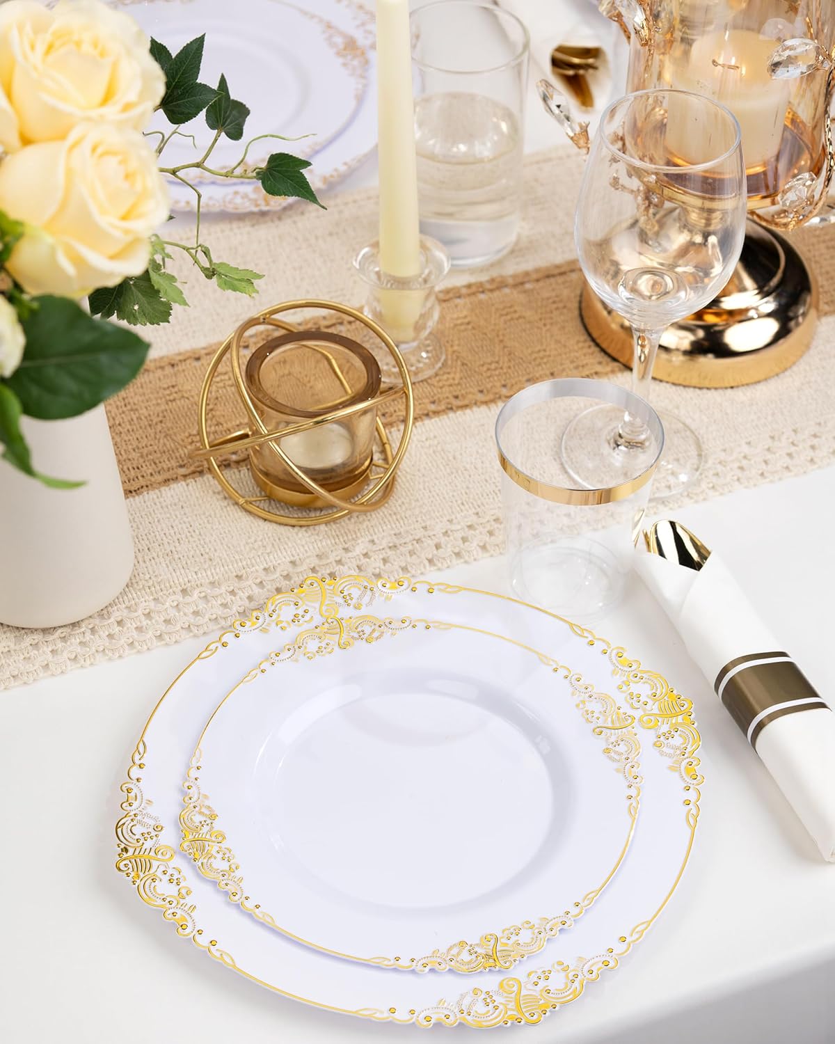 Nervure 350PCS Gold Plastic Plates - Gold Plastic Dinnerware Sets for 50 Guests - 100 Disposable Plates, 150 Silverware, 50 Cups, 50 Napkins for Wedding & Party - Image 8