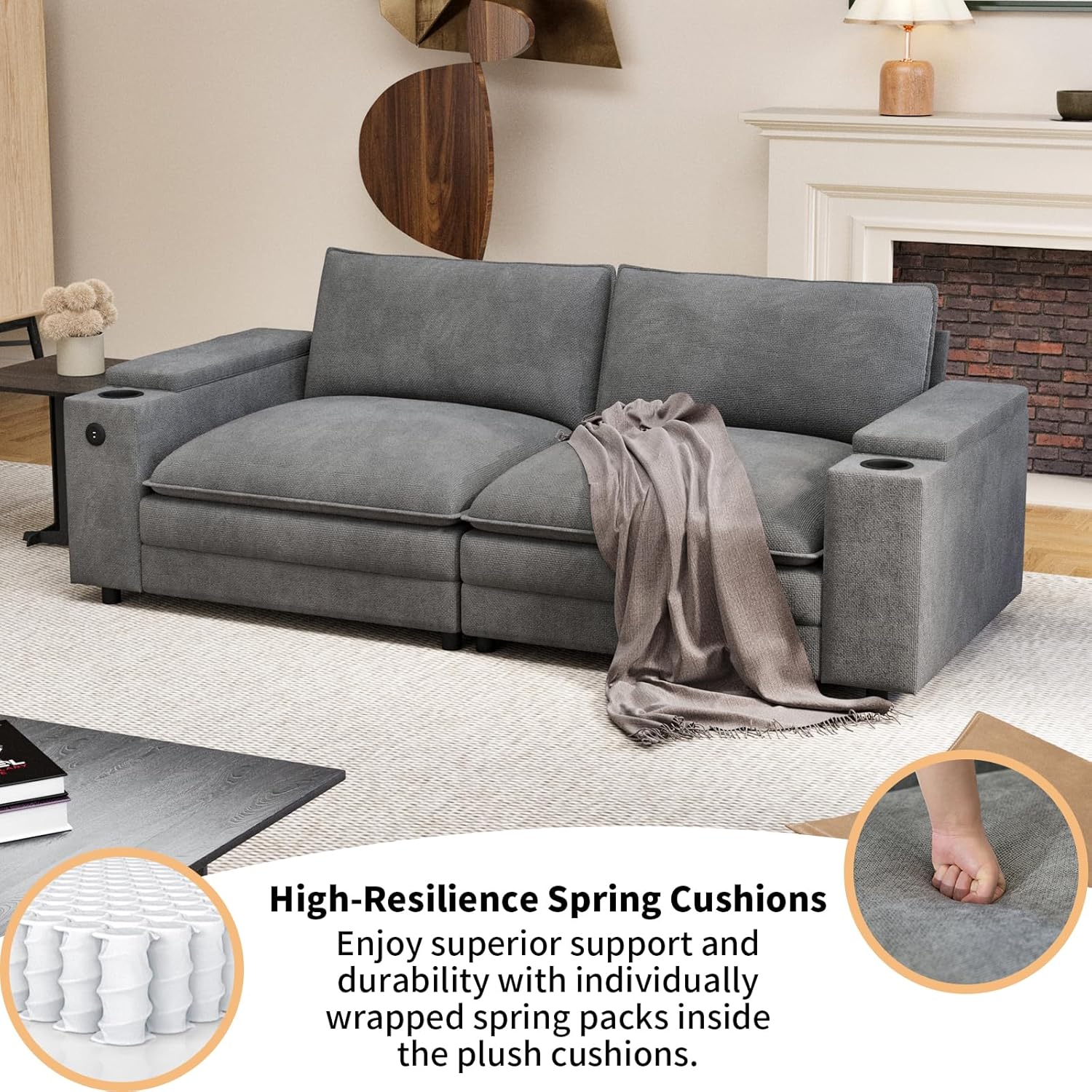 81.5" Loveseat Cloud Sofa Couch with Storage Armrest, Cup Holders, USB & Type-C Ports, Spring Cushions, Solid Wood Frame, Chenille Modular Sectional for Living Room - Image 5