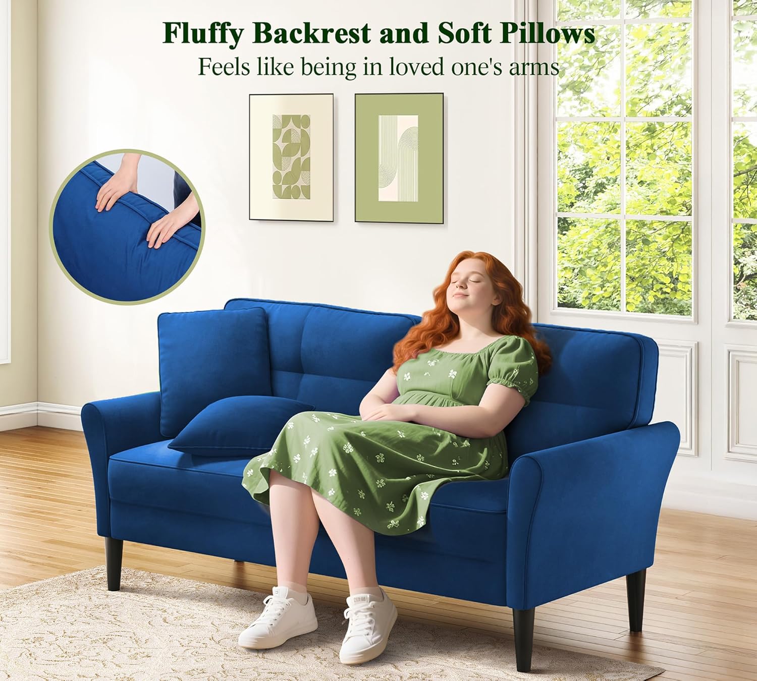 69" Loveseat Sofa, Velvet Small Couches for Small Spaces, Love Seat Couches with 2 Pillows, Tool-Free Setup Loveseats, 700lb Load Sofas for Living Room, Mini Couch for Bedroom, Comfy Sofa Couch, Blue - Image 2