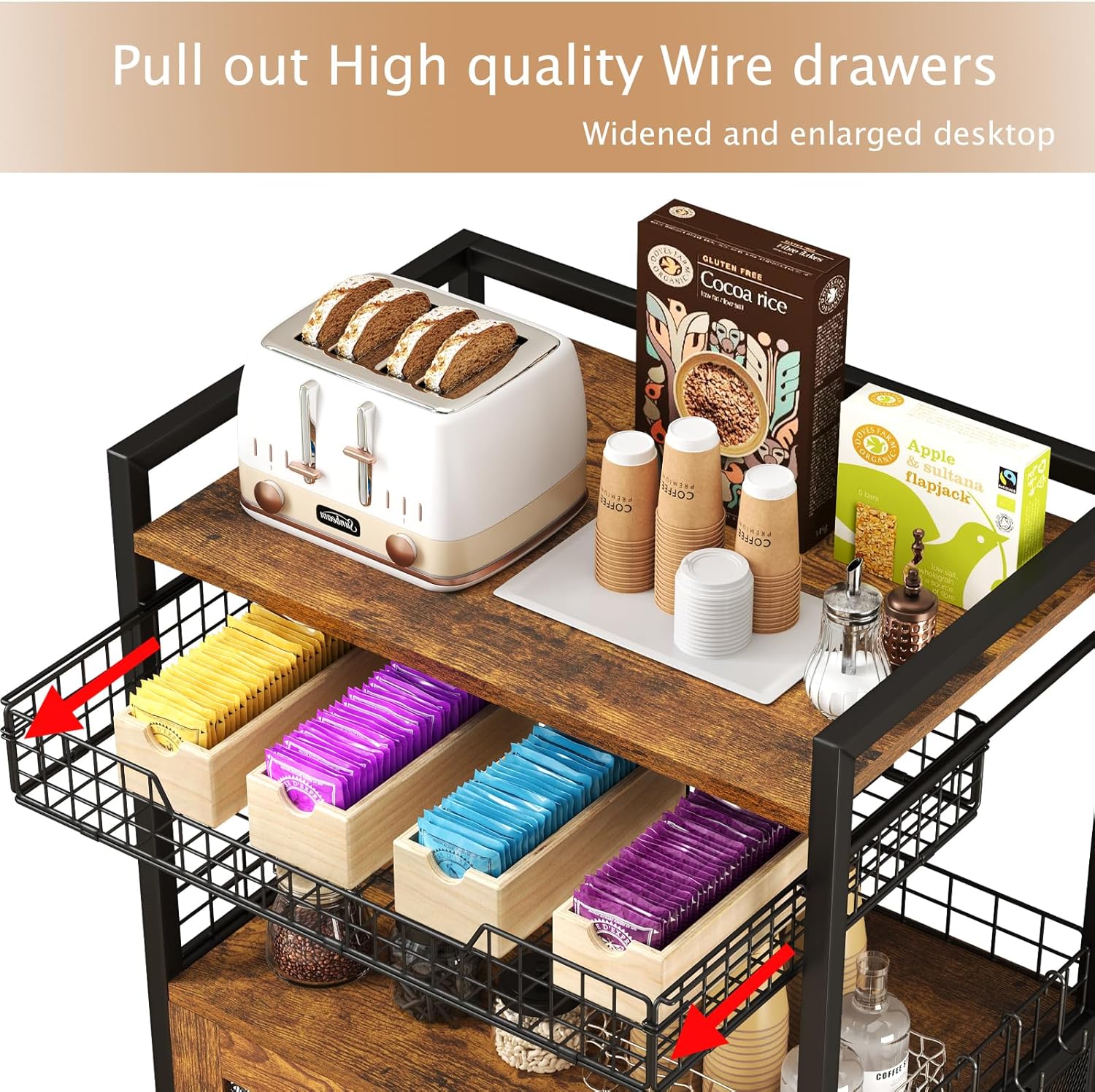 Coffee Bar Cabinet, 3 Tier Coffee Station Table on Wheels, 35.9" H Bar Cart with Wire Basket Drawer & 5 Hooks for Home Kitchen, Liquor Buffet Sideboard Cabinet (Rustic Brown) - Image 3